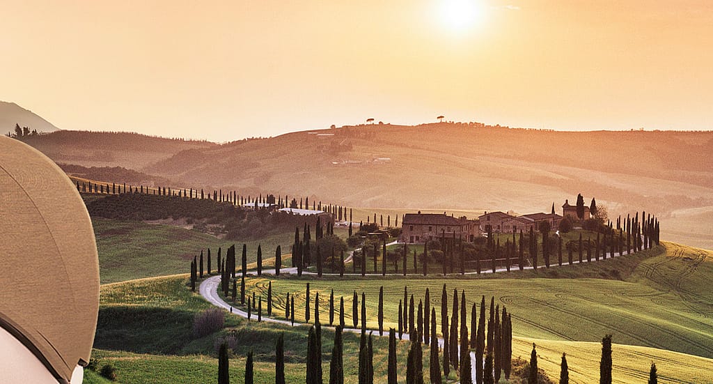 View of the sunset from the cabrio, in a calm and peaceful nature setting