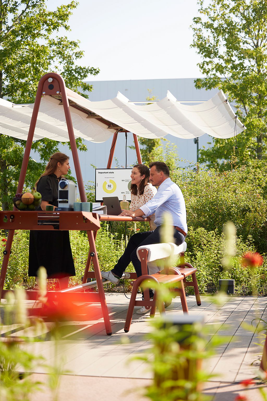 Drei Kollegen treffen sich an einem AMAi-Tisch im Freien unter einem Stoffdach; ein Laptop ist geöffnet und ein Präsentationsbildschirm steht in der Nähe in einer grünen Gartenumgebung.