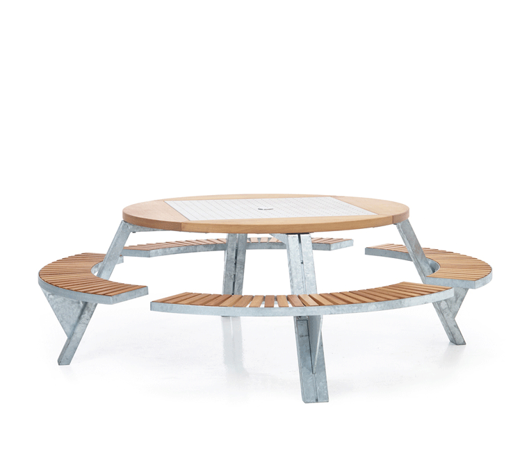 Close view of the Gargantua round picnic table with wooden tabletop and adjustable benches.