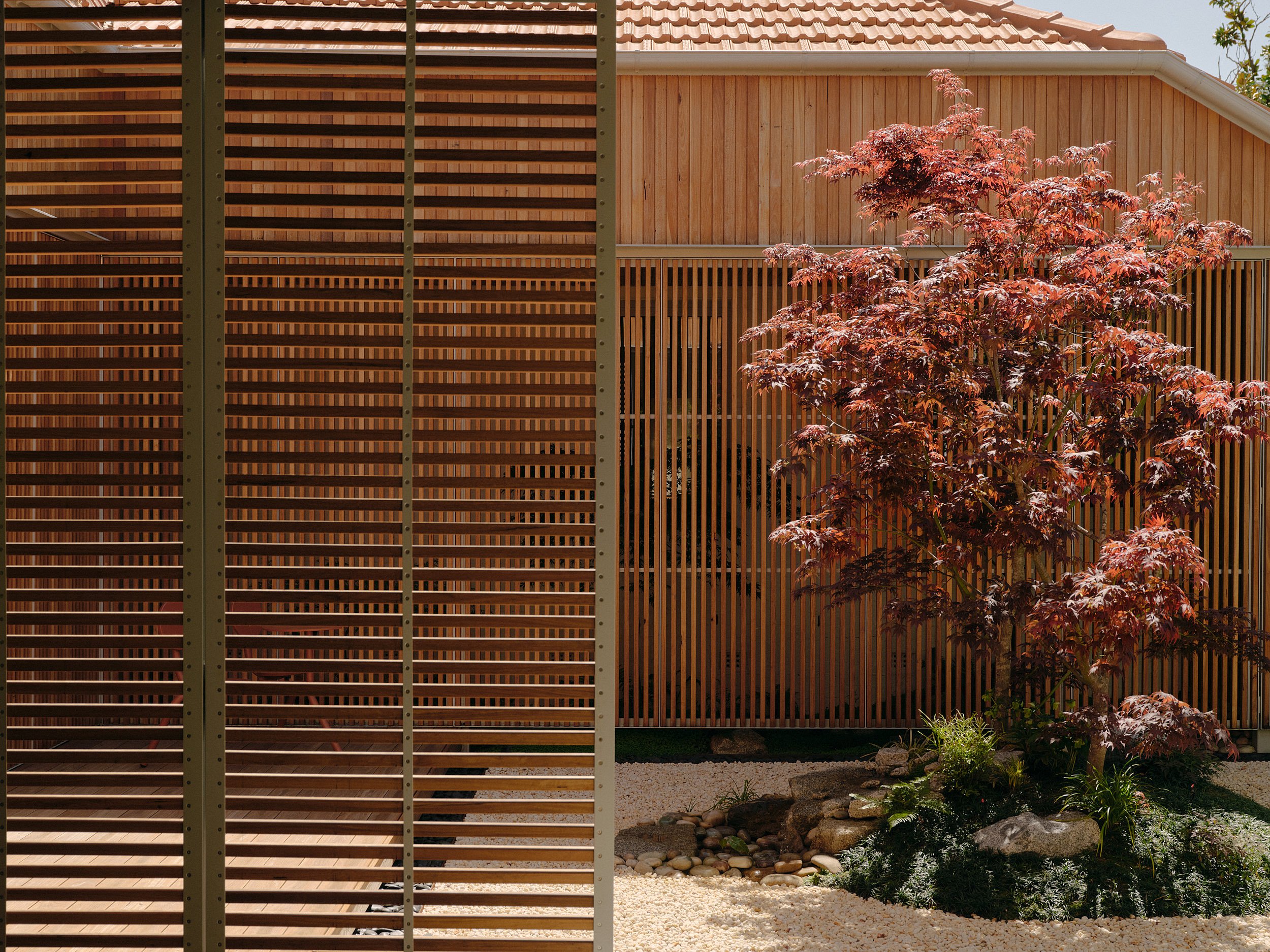   Cour intérieure résidentielle paisible, ornée d'un bardage vertical en bois, d'un érable du Japon et d'une table bistrot couleur cuivre avec deux chaises, placée le long d'un chemin de jardin.