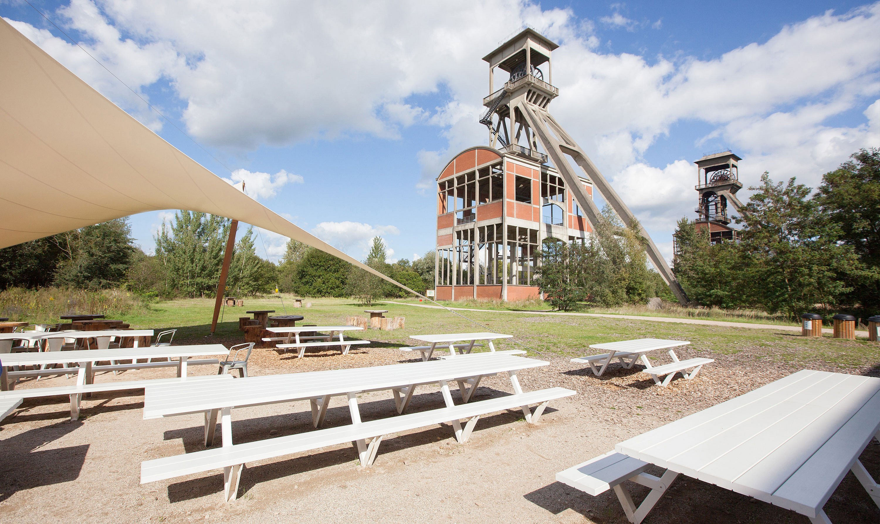 Terras van Connecterra met uitzicht op het landschap van Nationaal Park Hoge Kempen, met Marina-tafels en -banken op een houten vlonder in de open lucht.