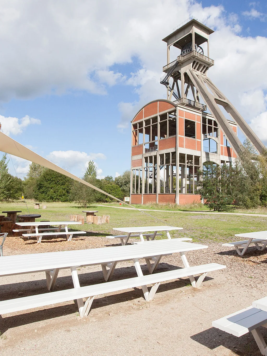Terras van Connecterra met uitzicht op het landschap van Nationaal Park Hoge Kempen, met Marina-tafels en -banken op een houten vlonder in de open lucht.