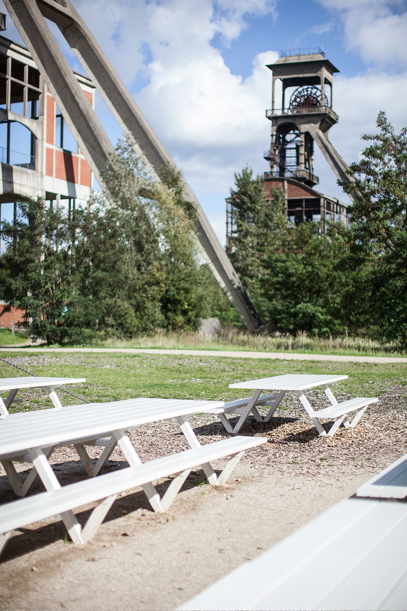   Buiten terras van Connecterra met Marina-tafels langs de rand, met uitzicht op het schilderachtige parklandschap.