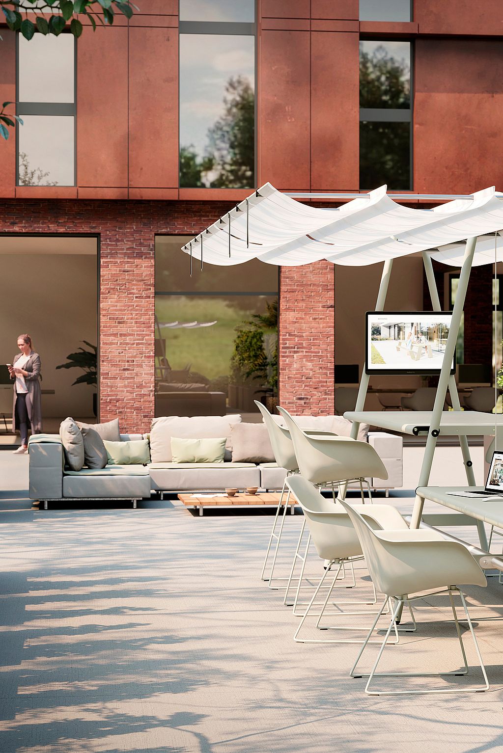 Comfortabele Walrus-buitenbank op een terras, een ontspannen plek voor informele gesprekken of pauzes tijdens de werkdag.