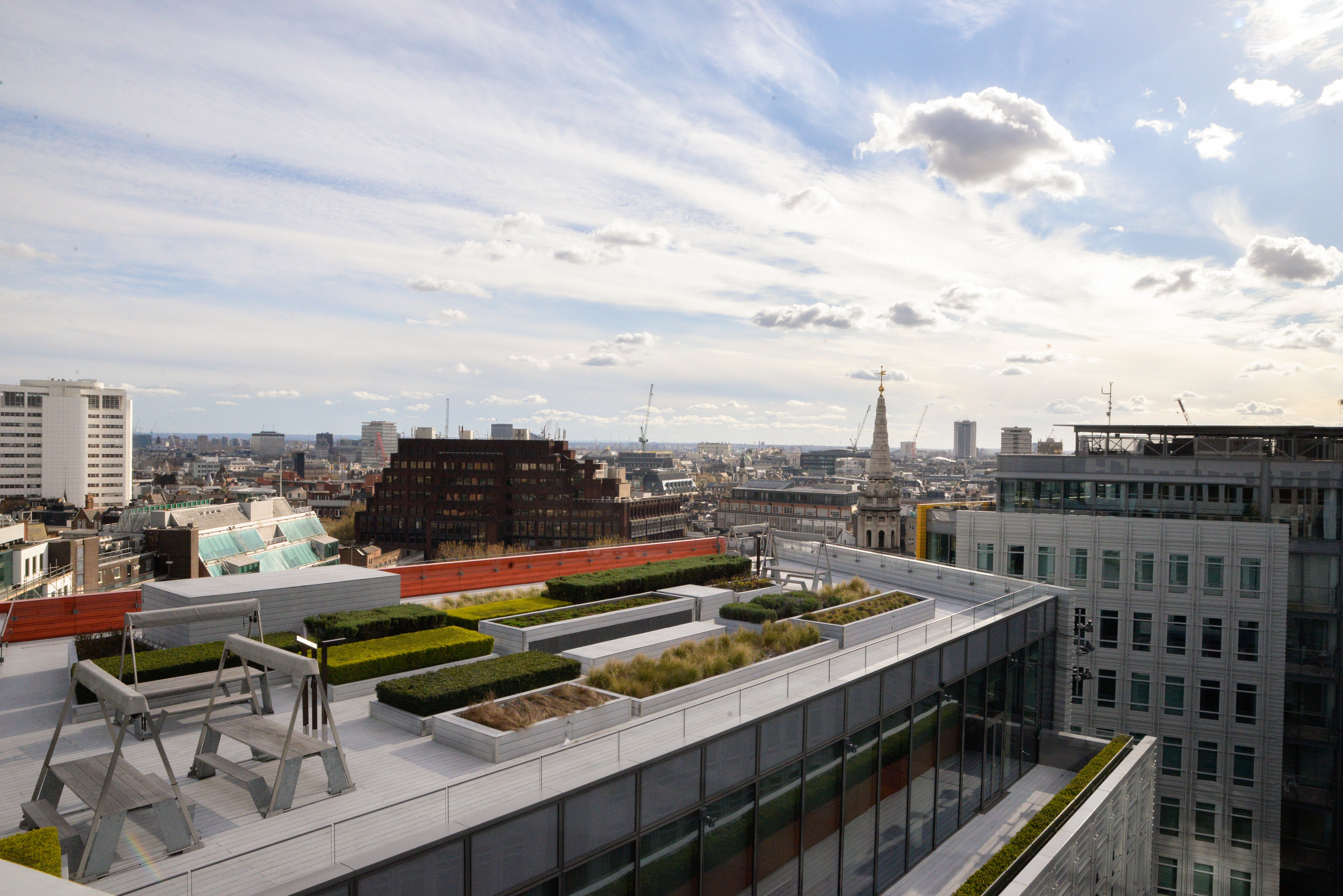 “Weite Aussicht auf Googles Dachgarten in London mit Hopper-Tischen, bepflanzten Beeten und einem Blick auf die Skyline unter einem hellen, bewölkten Himmel.”