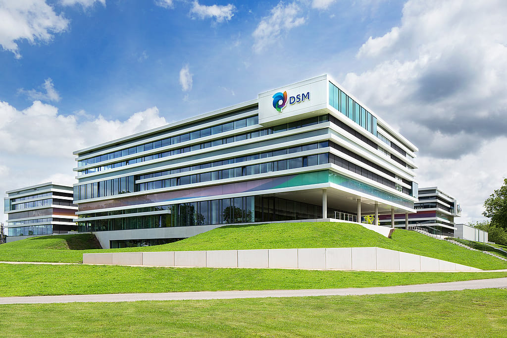 Modernes DSM-Büro- und Forschungsgebäude mit mehrschichtigen horizontalen Fassaden, großen Glasfenstern und dem DSM-Logo, das hoch oben an der Ecke über einem grünen Landschaftshang angebracht ist.
