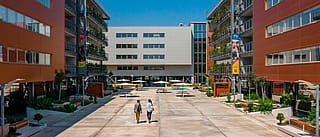 Large vue sur la cour du campus de l’ENA encadrée par des immeubles de bureaux rouille et blanc, avec de larges allées, des bords plantés et plusieurs tables de pique-nique rondes ombragées réparties dans l’espace ouvert.
