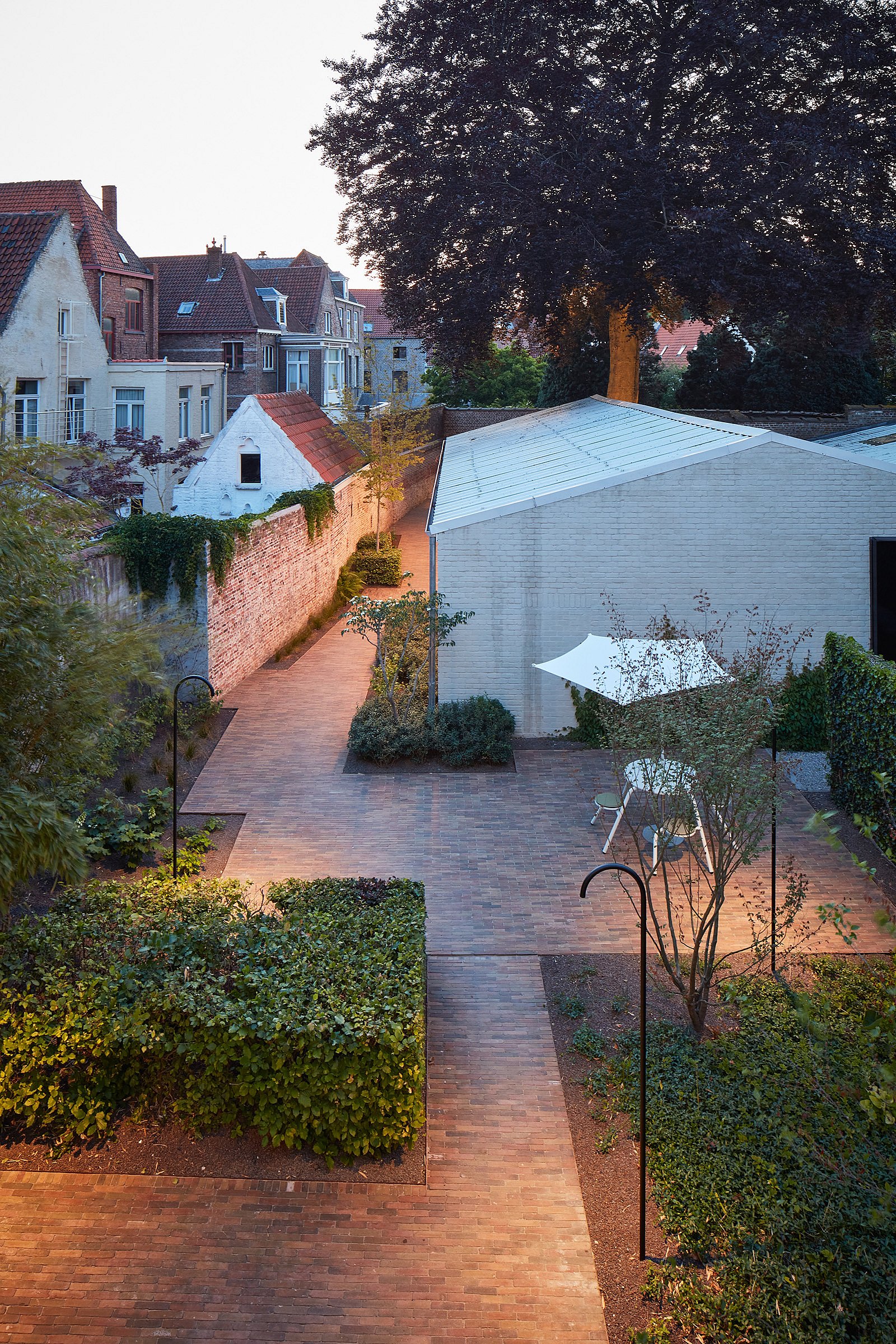   Vue panoramique en soirée de la cour commune paysagée, avec ses allées en briques, ses bordures fleuries, une dépendance blanche et la table Virus avec son parasol en acacia nichée dans un coin sous un grand arbre.