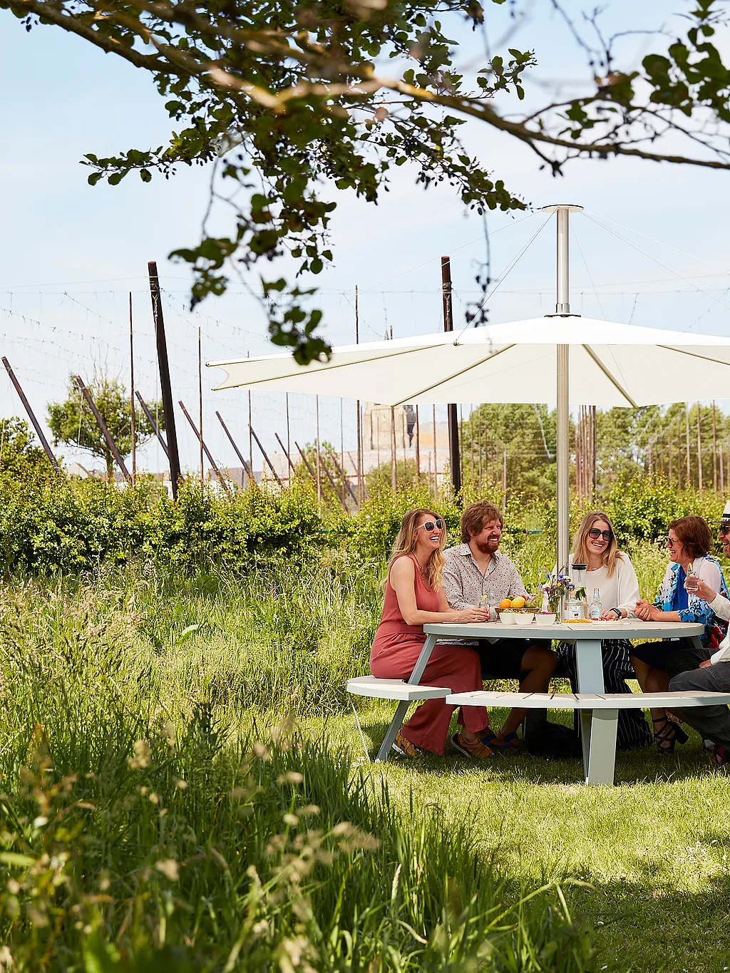 Five colleagues gathered around a round Pantagruel picnic table under a large white parasol in a sunlit meadow, surrounded by tall grass and framed by tree branches.