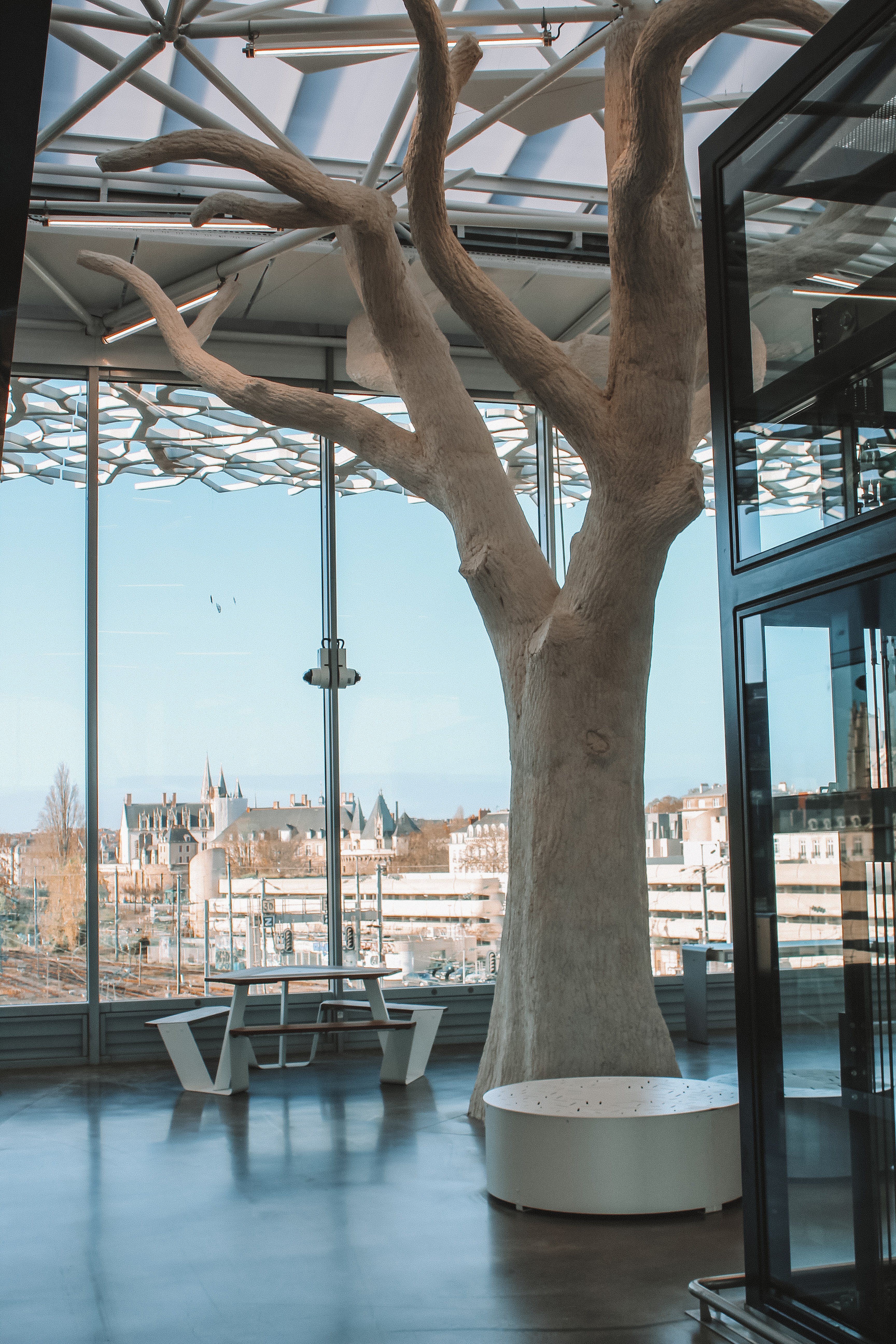 Large white concrete column shaped like a bare tree rising through the station concourse, with an Anker table and city view in the background