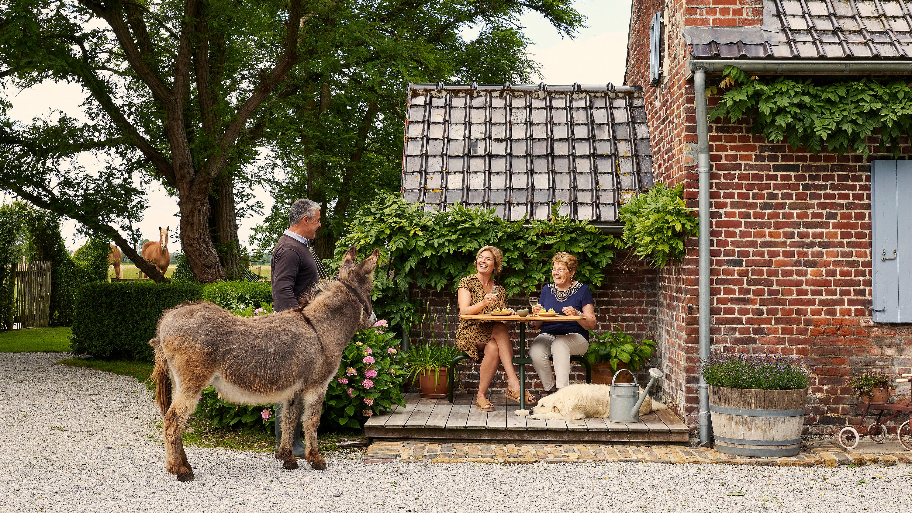 Petite terrasse en bois avec un Bistroo compact à deux places, créant un endroit extérieur confortable pour deux personnes dans un jardin de cottage confortable.