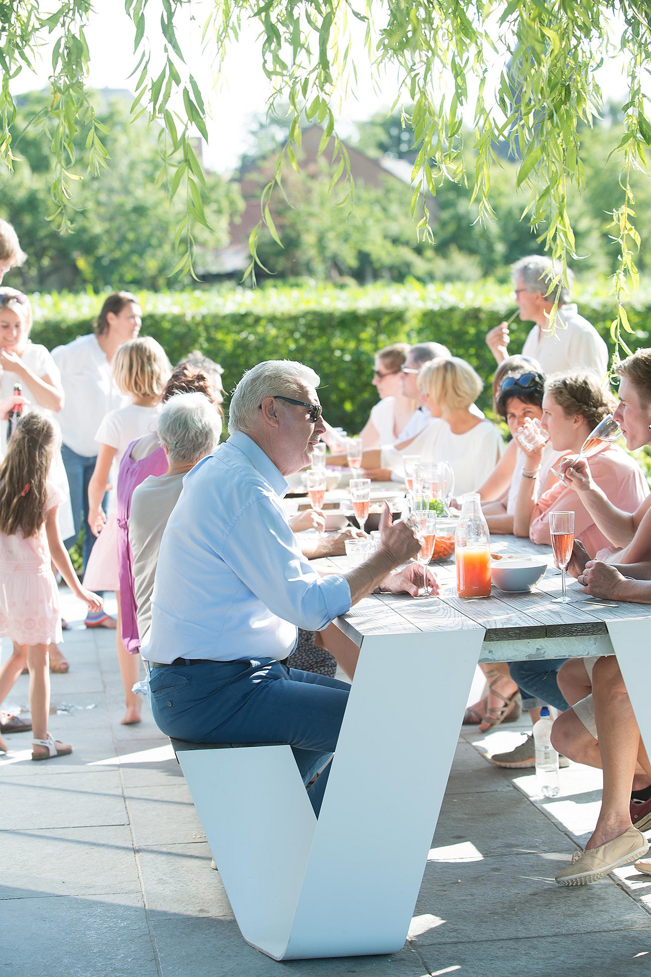 Wide side view of the family barbecue at a Hopper table, with multiple generations eating, talking, and drinking under soft green willow leaves.