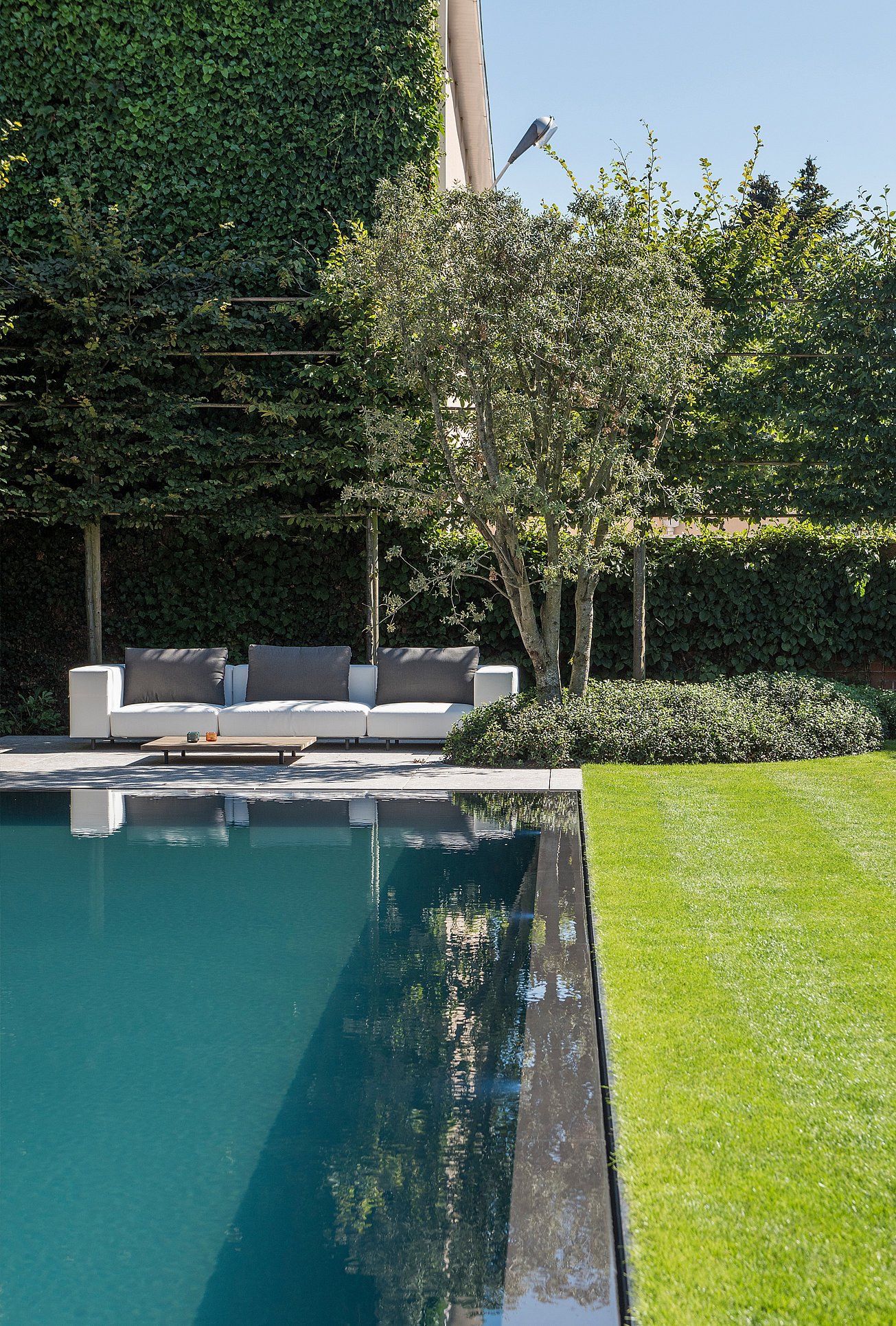 Longue piscine rectangulaire bordée d'une pelouse impeccablement tondue, avec un canapé d'extérieur blanc Walrus et une table basse en bois dissimulés sous des arbres matures au fond du jardin.