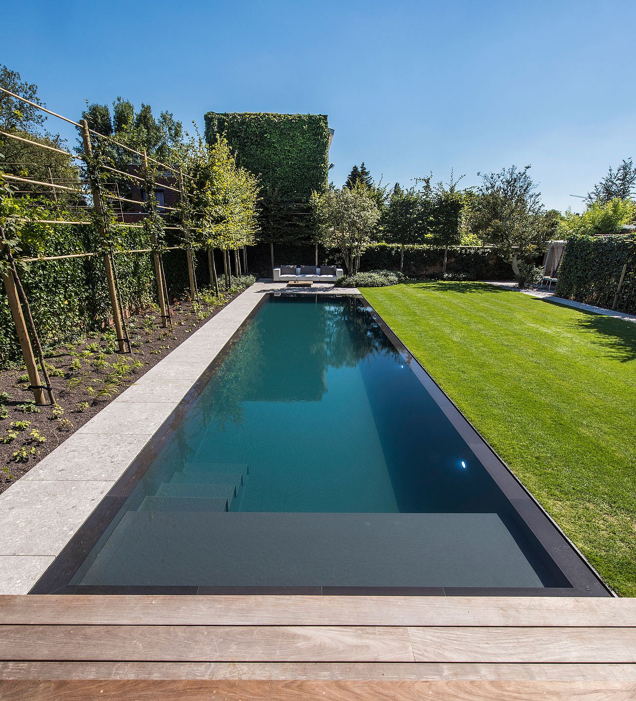   Weitblick auf einen modernen Garten mit einem langen, dunkel umrandeten Swimmingpool, einem gepflegten Rasen, formgeschnittenen Bäumen und der Walrus-Lounge am anderen Ende unter strahlend blauem Himmel.