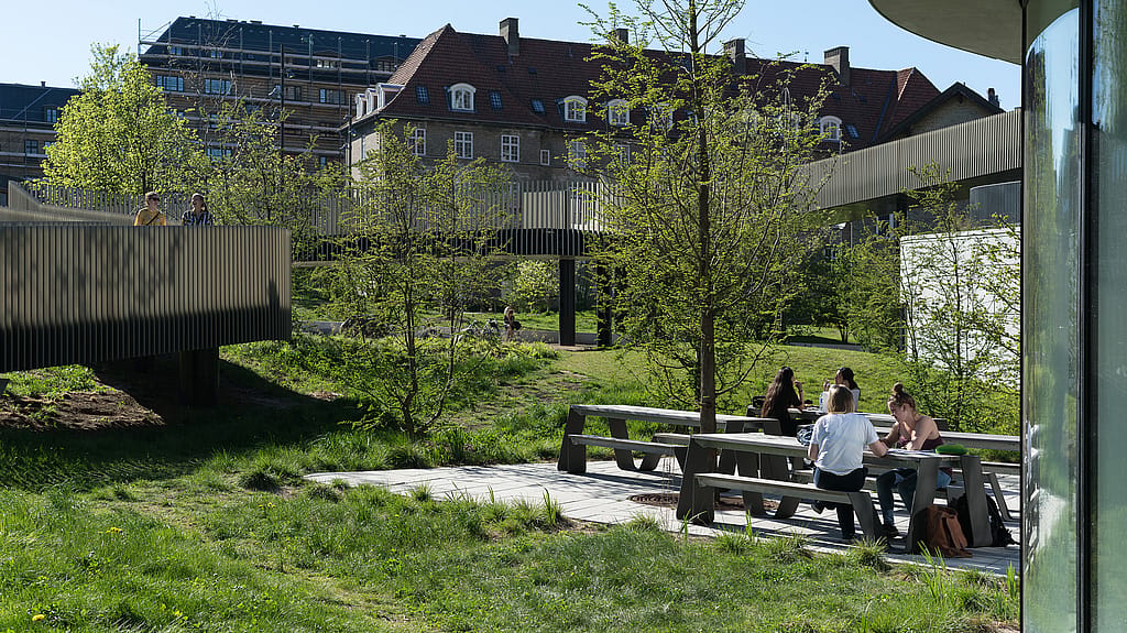Group of people gathered around a long Hopper table in a green campus park, with trees, lawns, and historic buildings in the background.