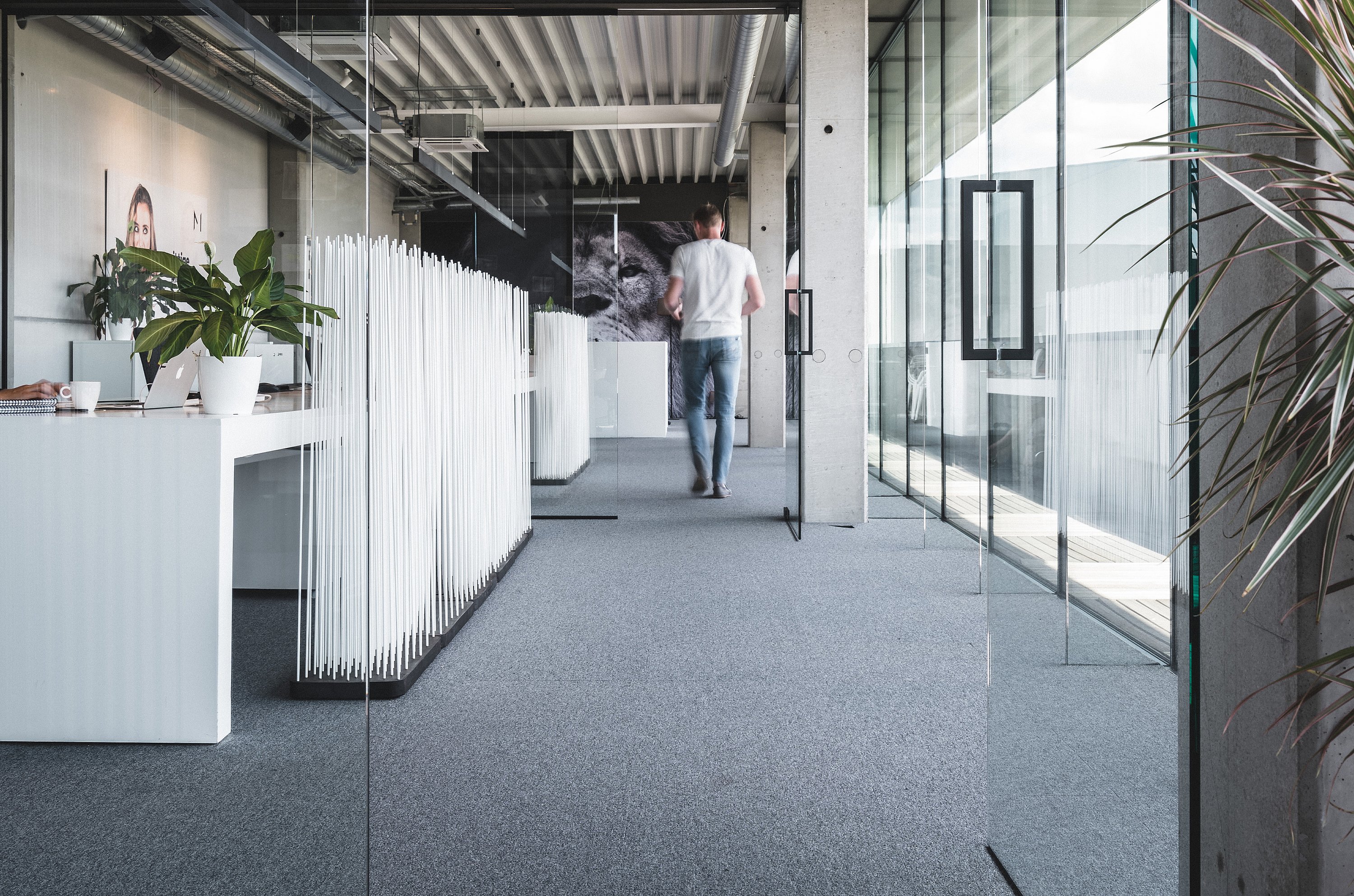 Witte Sticks kamerverdeler naast een rij witte bureaus in een lichte industriële kantoorgang, met een persoon die langs glazen vergaderruimten loopt.