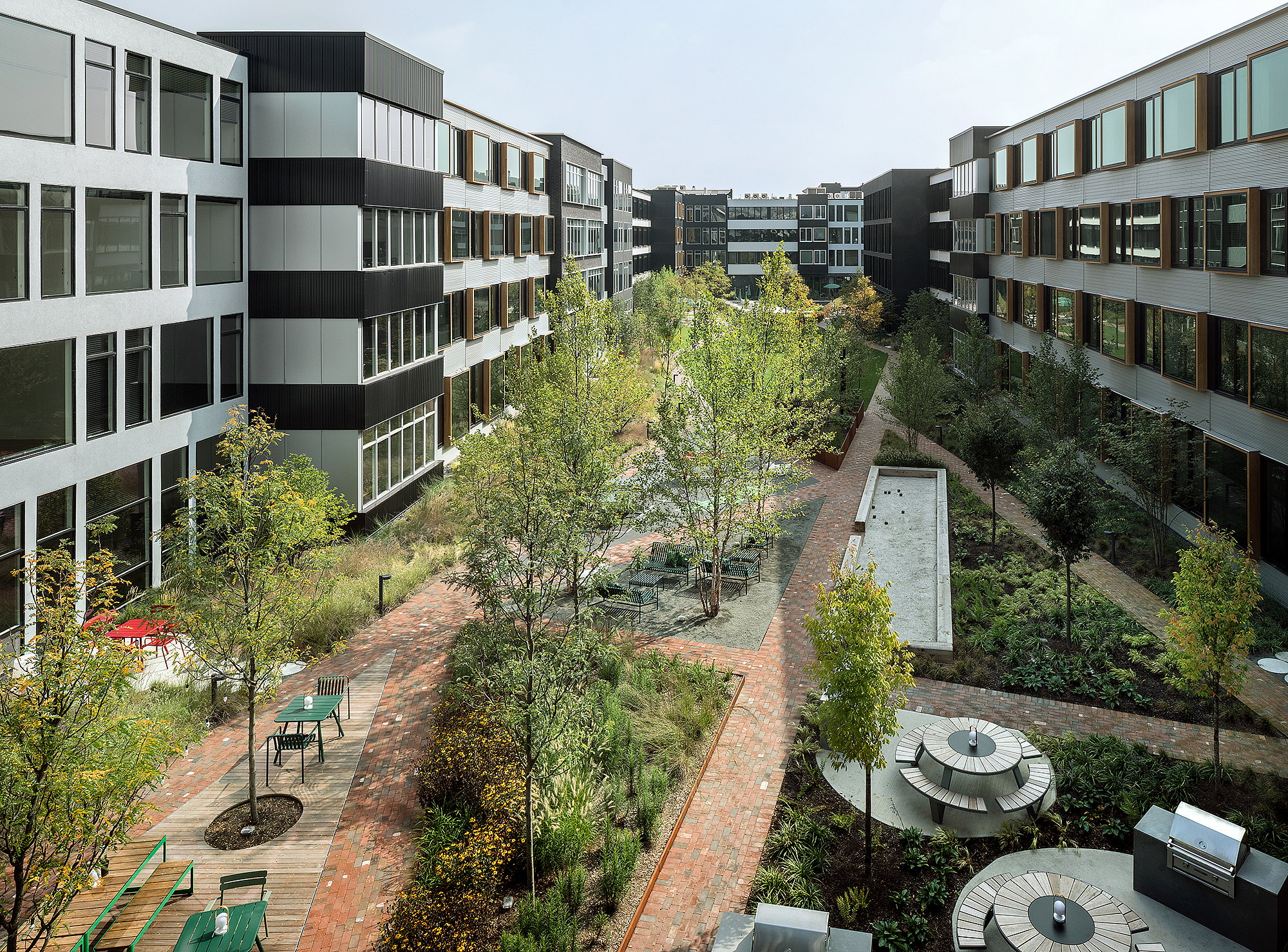   Blick von oben auf den Gemeinschaftshof mit Backsteinwegen, bepflanzten Beeten, Bänken, langen Gemeinschaftstischen und zwei runden Pantagruel-Picknicktischen inmitten der Bepflanzung.