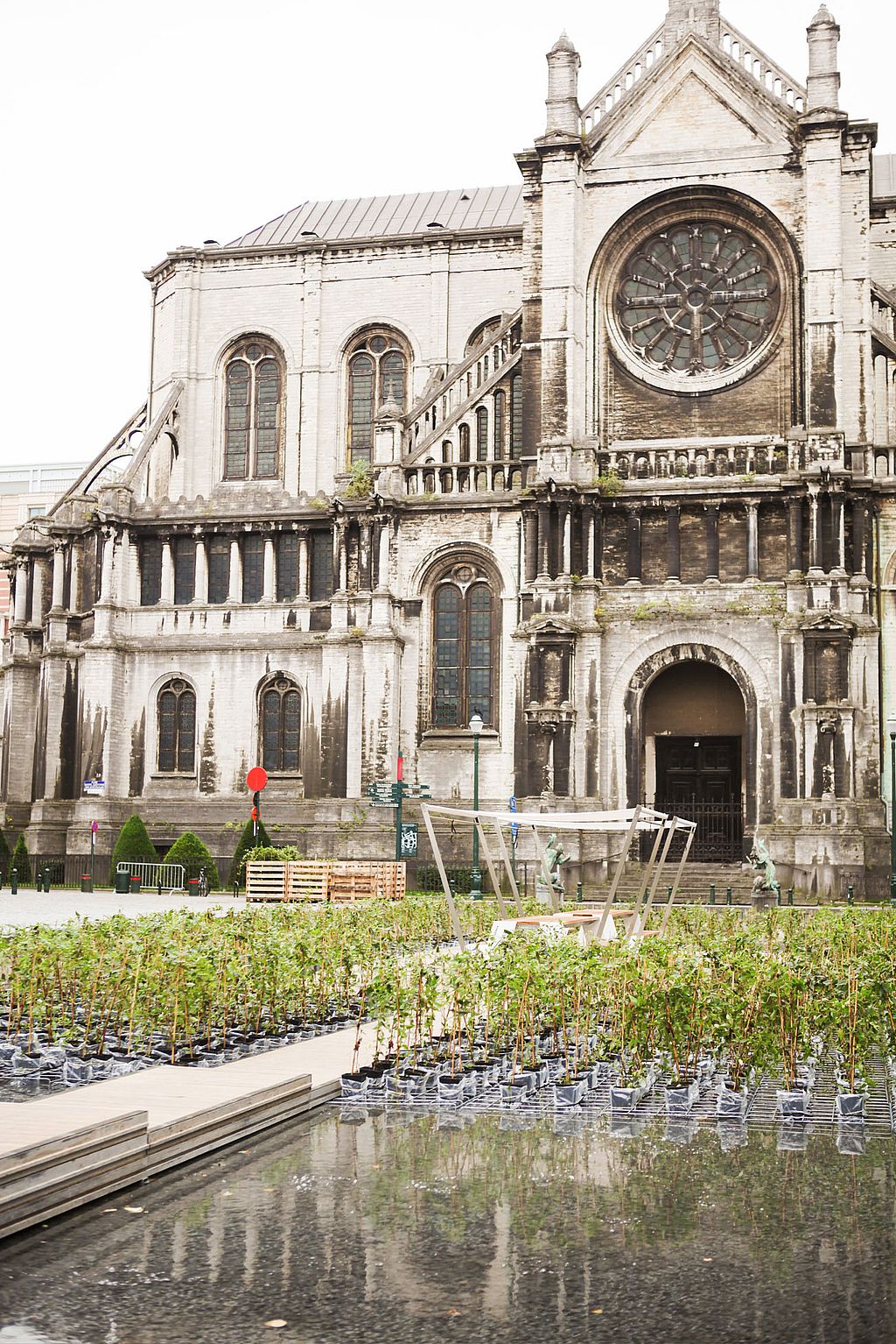 Weitblick auf einen temporären Stadtgarten mit flachem Wasser, Reihen von Topfpflanzen und einem schattigen Hopper-Tisch vor einer großen historischen Kirche.
