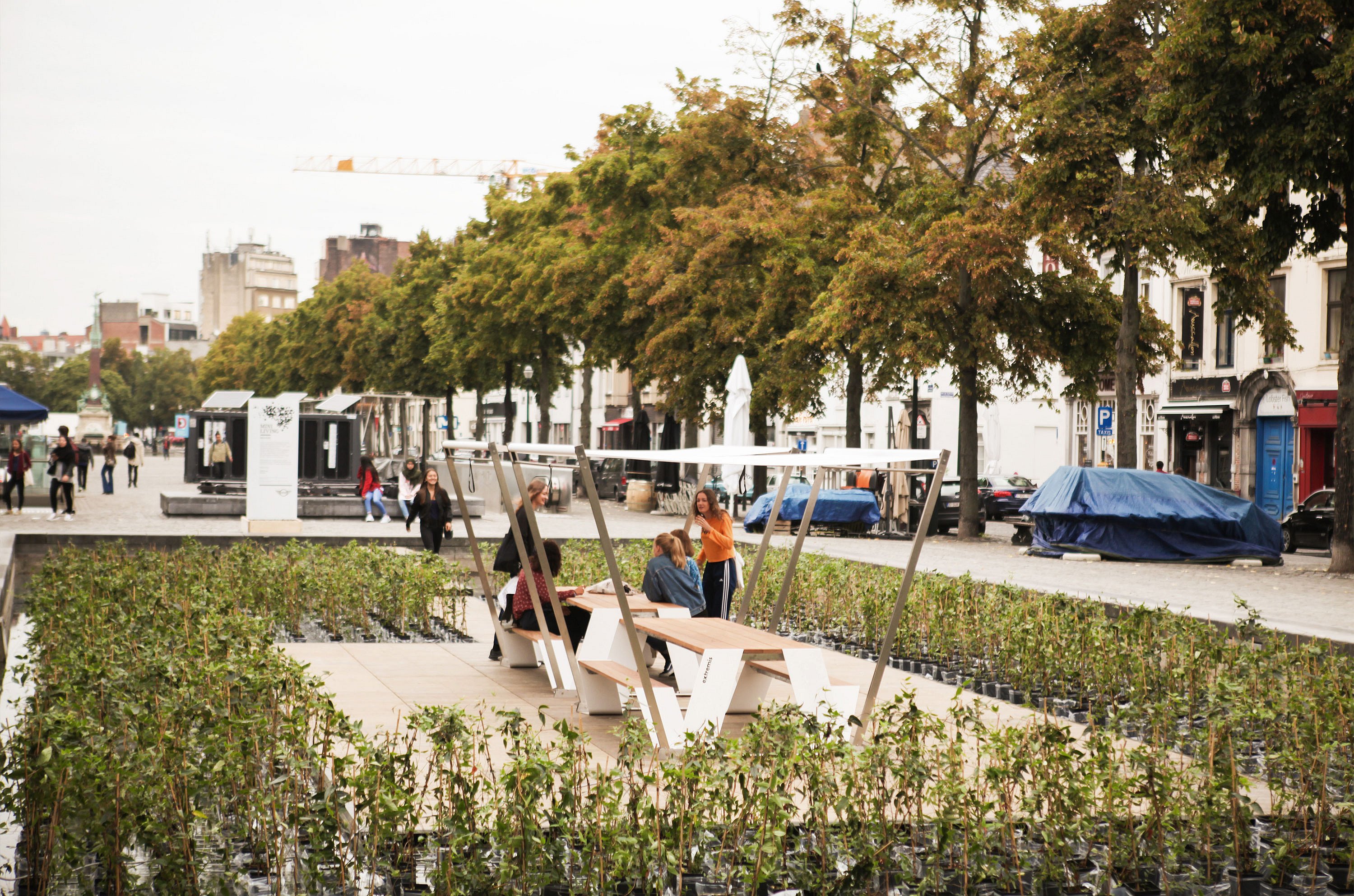 Hopper picnic table with white shade canopy on a wooden platform surrounded by rows of young plants in Brussels, with several people seated and tree-lined city streets in the background.