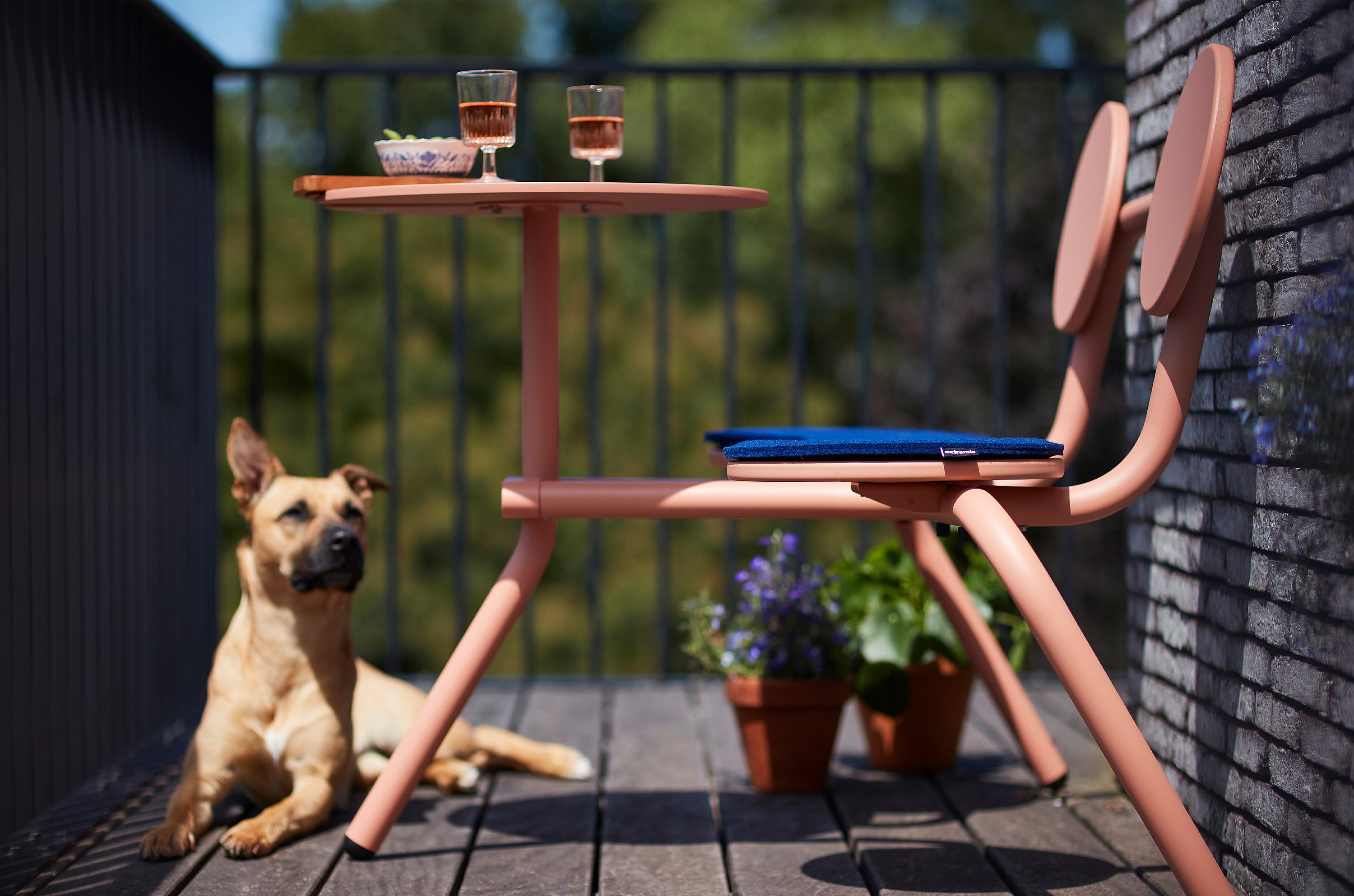 Coral Bistroo balkon tafel en stoel met blauwe zitkussens op een houten dek naast potbloemen, met een hond in de zon bij de reling.