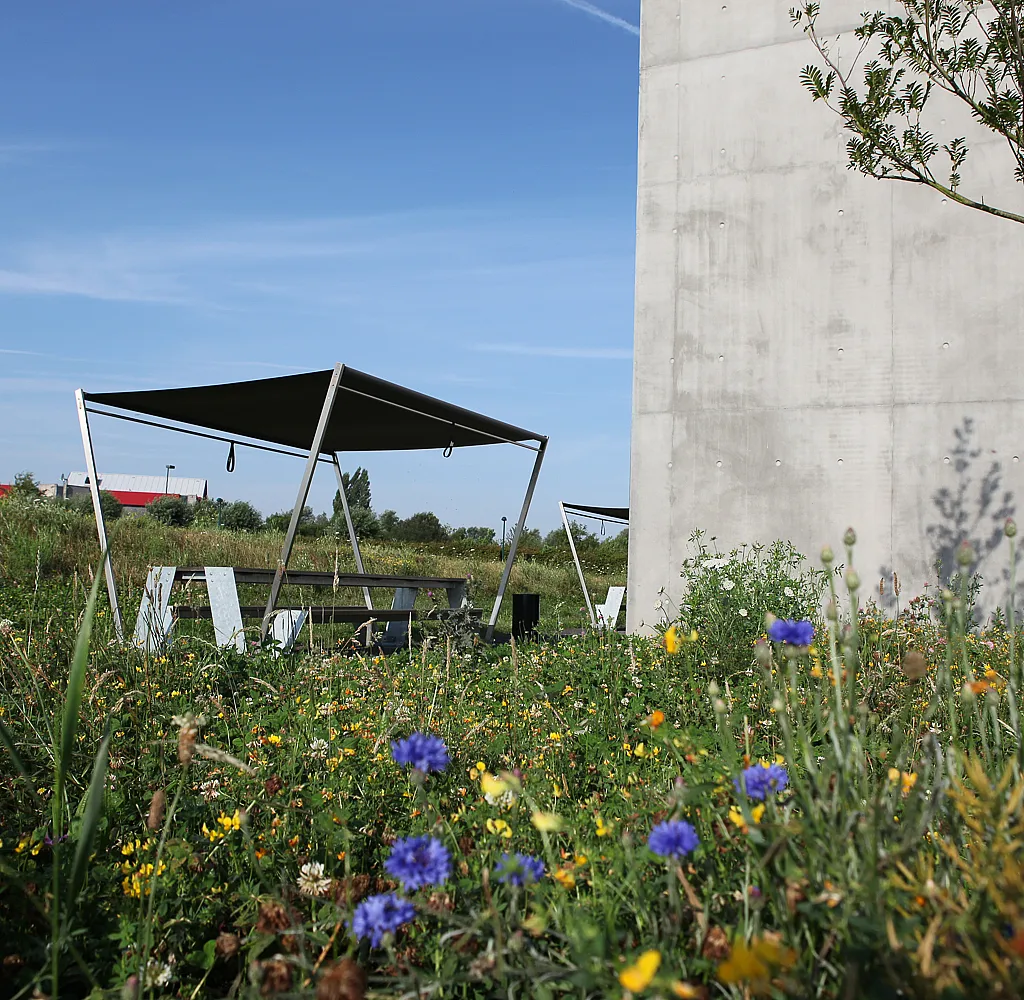 Een Hopper picknicktafel met een donkere parasol in een bloemenweide naast een hoog betonnen gebouw, met de open hemel erboven.