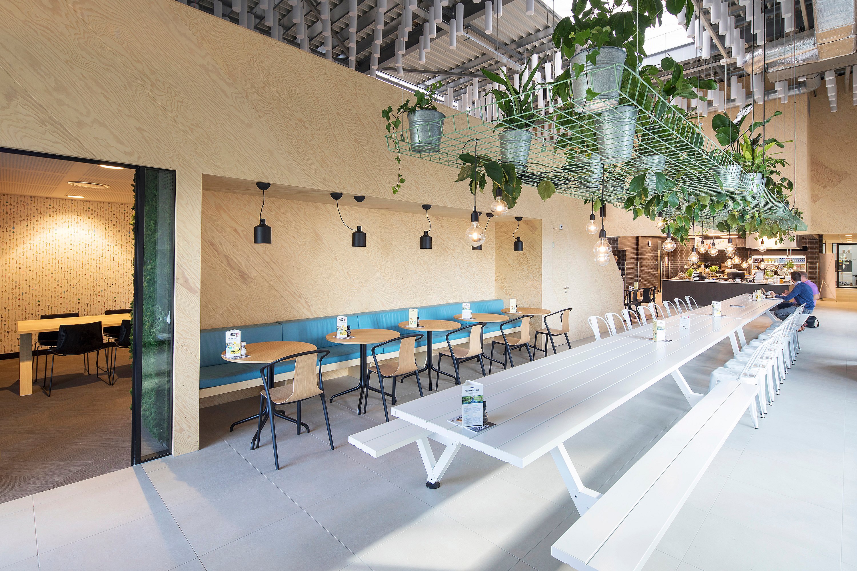Witte Marina-tafel met banken die doorlopen in een moderne kantine, naast ronde houten cafétafels, blauwe zitbanken en een hangende plantenplank met hanglampen.