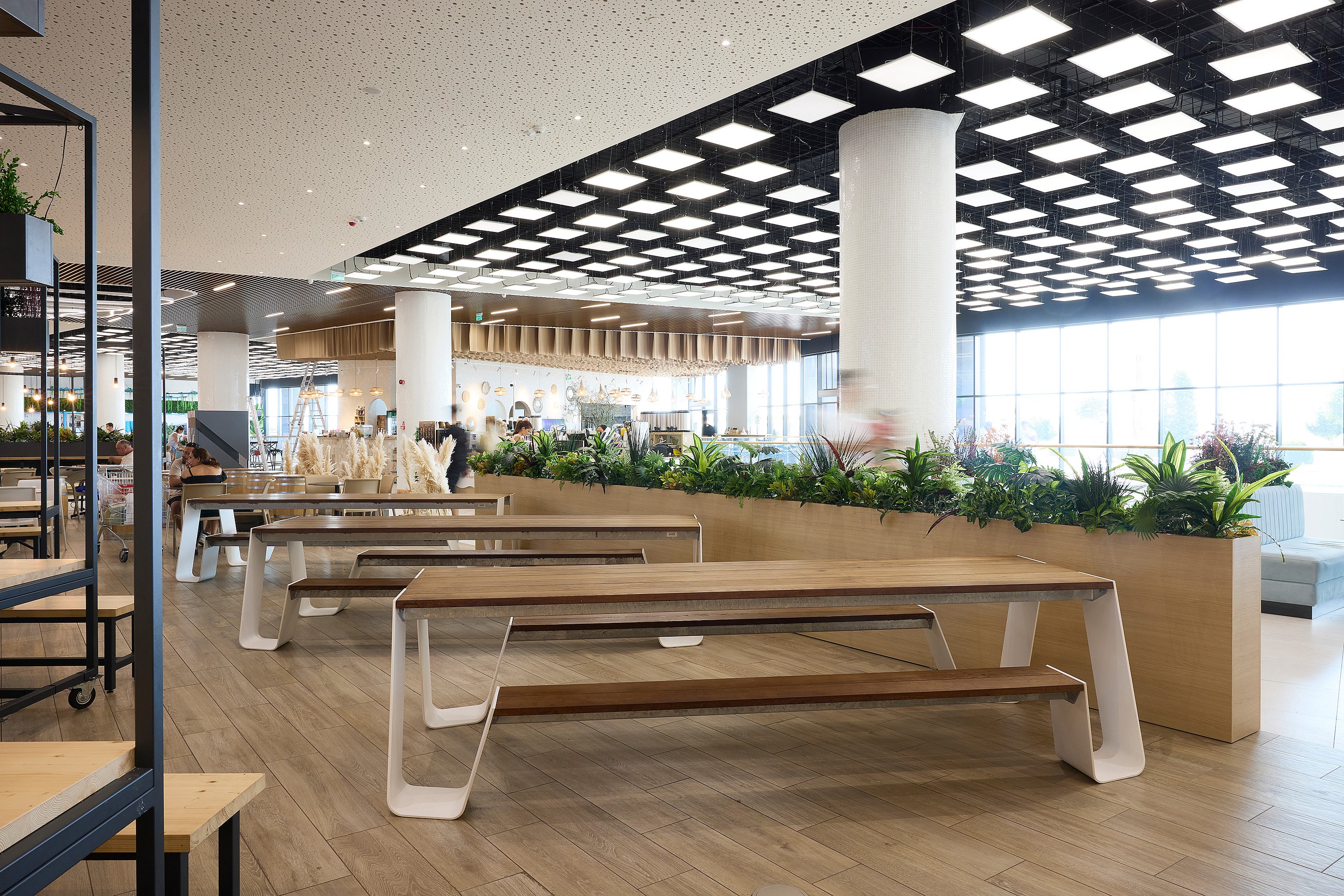 Bright interior food court with long wooden hopper tables and benches on white frames, large planters full of greenery, and a ceiling grid of square lights.