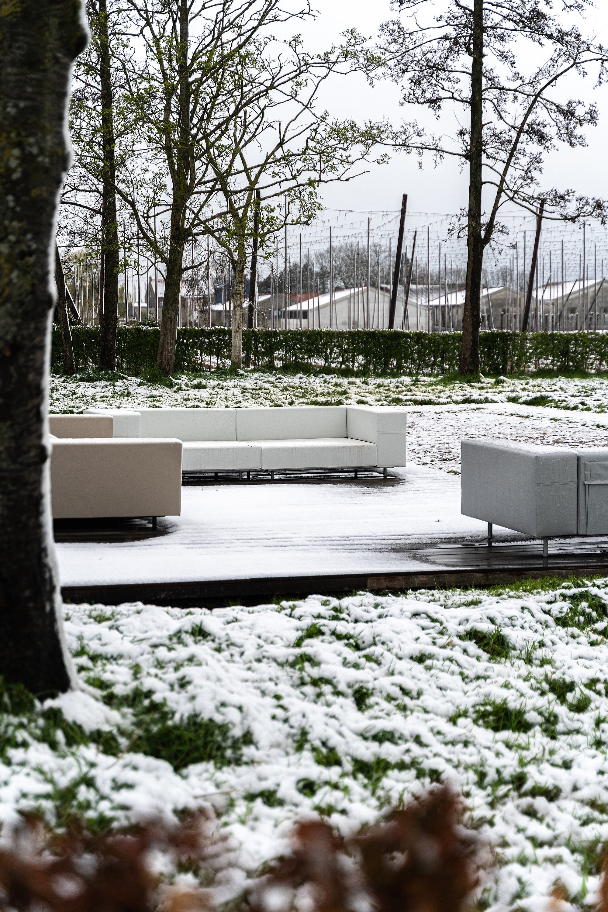 Ein weißes Walross-Sofa steht auf einer schneebedeckten Terrasse in einem ruhigen Wintergarten, umgeben von Bäumen und schneebedeckten Grasflächen.
