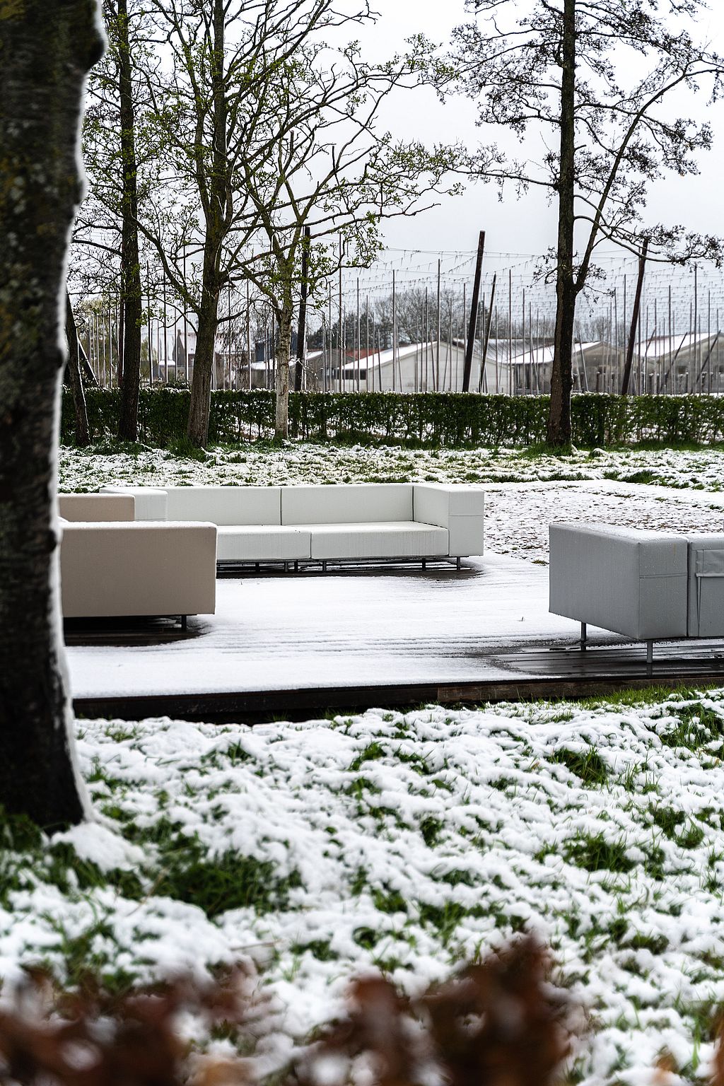 Ein weißes Walross-Sofa steht auf einer schneebedeckten Terrasse in einem ruhigen Wintergarten, umgeben von Bäumen und schneebedeckten Grasflächen.