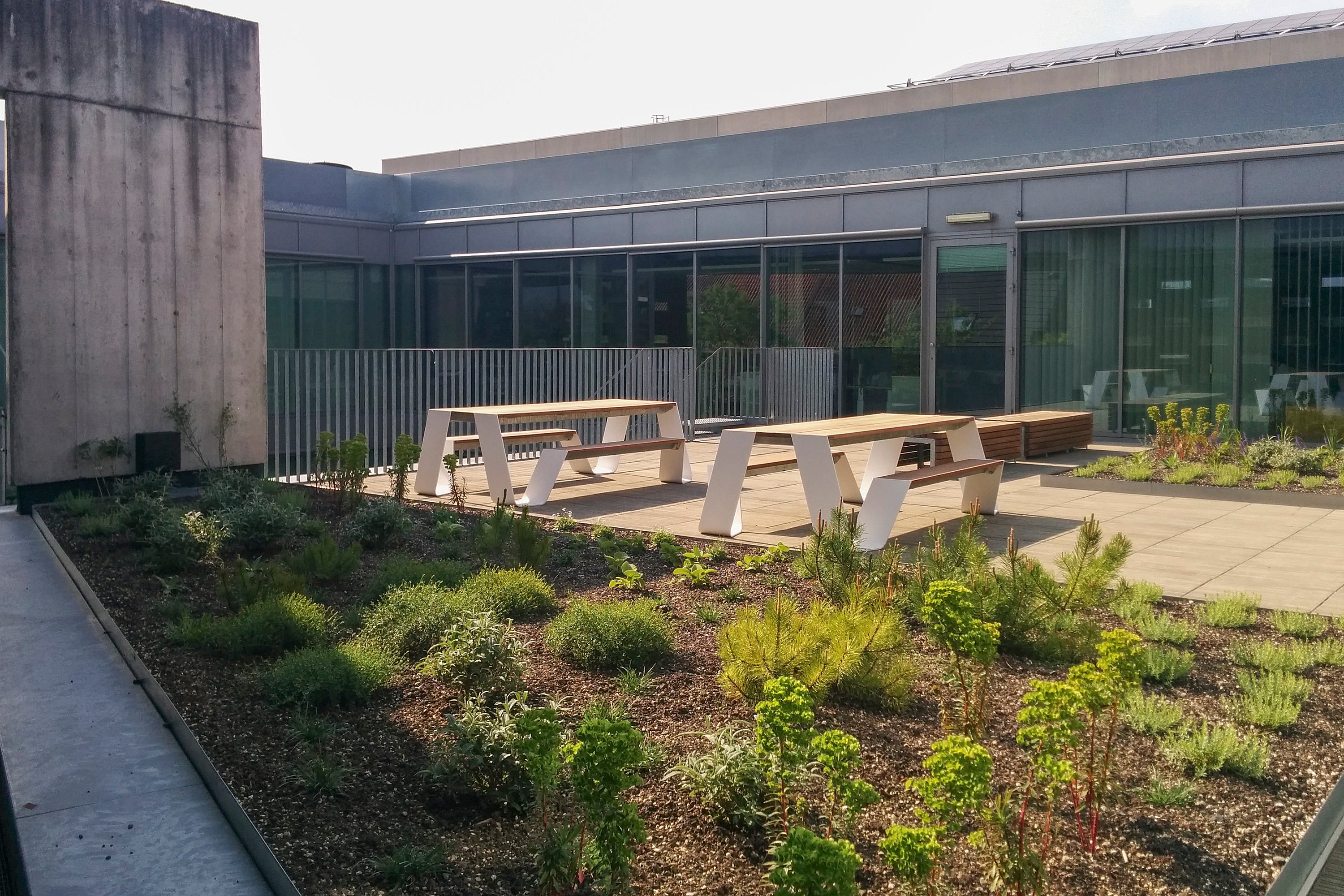 Zwei weiße Hopper-Picknicktische stehen auf einer sonnenbeschienenen Terrasse vor den Telenet-Büros, eingerahmt von niedrigen Beeten, Geländern und einer Glasfassade.