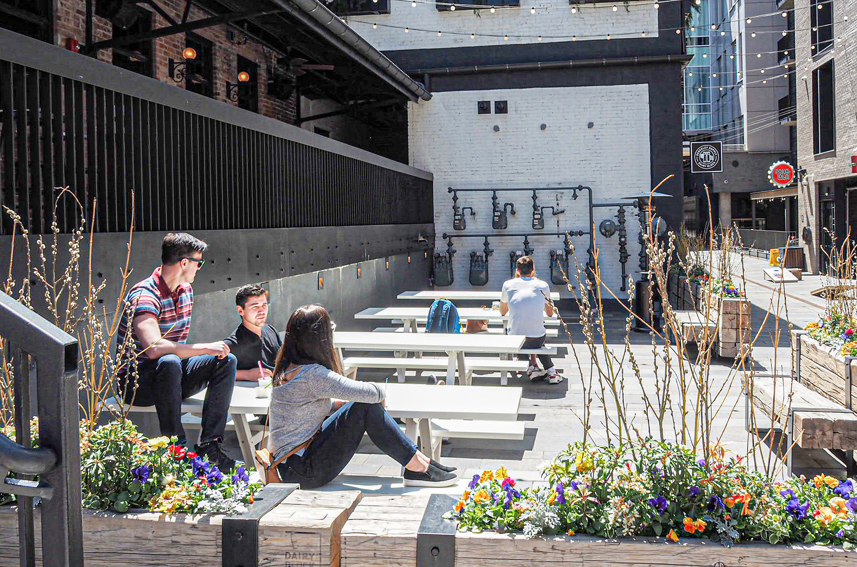 Sunken courtyard at Dairy Block with several white Marina picnic tables, where three people sit in the foreground and another person works at a table near a wall with exposed black pipes and string lights overhead.