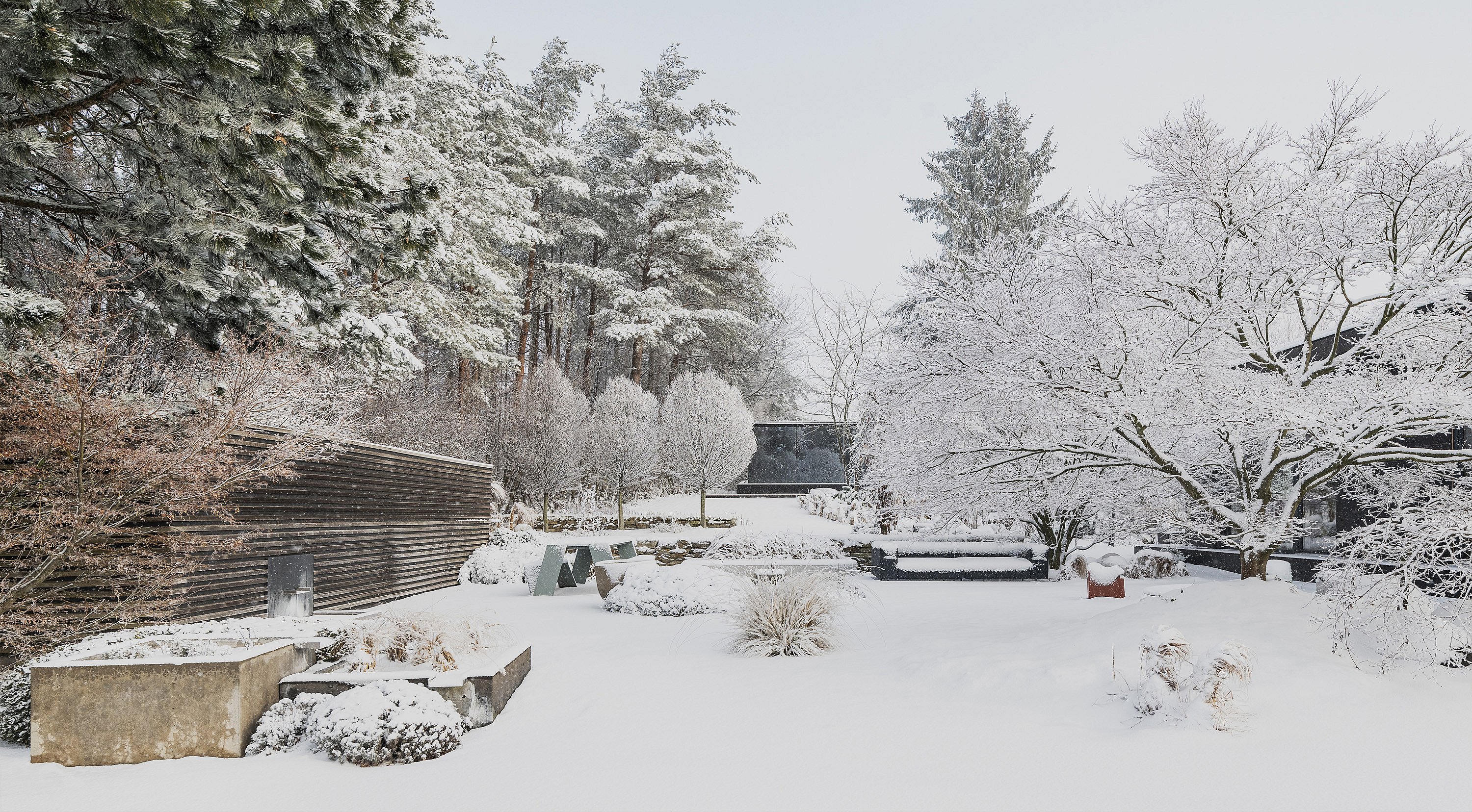 Weitblick auf einen angelegten, schneebedeckten Wintergarten mit Gartenmöbeln, geformten Sträuchern, einem dunklen Sofa und einem großen, frostbedeckten Baum.