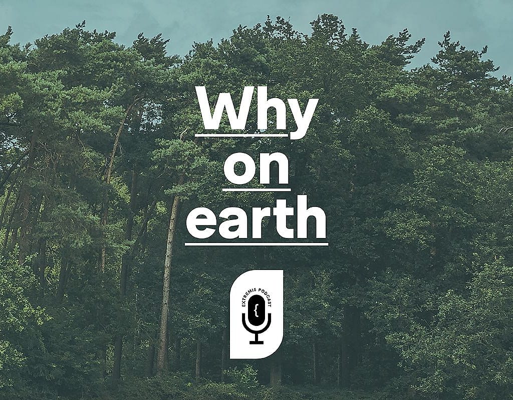 Image de style affiche avec les mots « Pourquoi donc ? » et une icône de microphone sur fond de forêt dense.
