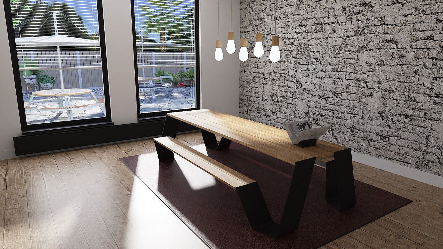   Scène d'intérieur rendue dans pCon montrant une table de pique-nique Extremis Hopperpicnic en bois, avec des pieds noirs inclinés, placée sur un tapis près de hautes fenêtres et d'un mur en briques texturées.