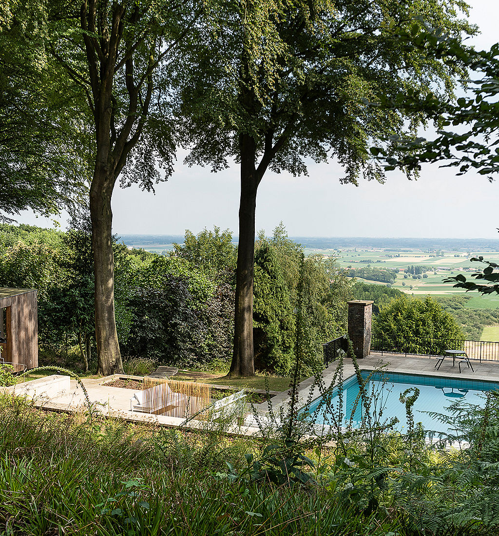 A secluded hillside garden with tall trees, lush planting and a rectangular swimming pool overlooking an expansive rural landscape.