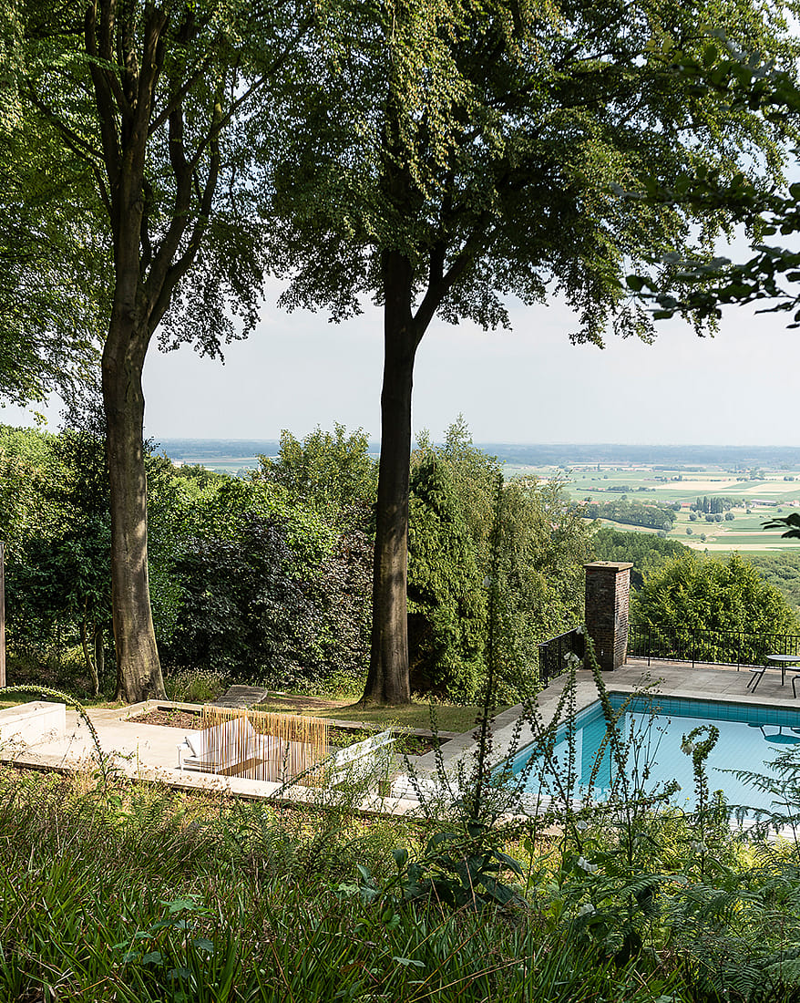 Een afgelegen tuin op een heuvel met hoge bomen, weelderige beplanting en een rechthoekig zwembad met uitzicht over een uitgestrekt landelijk landschap.