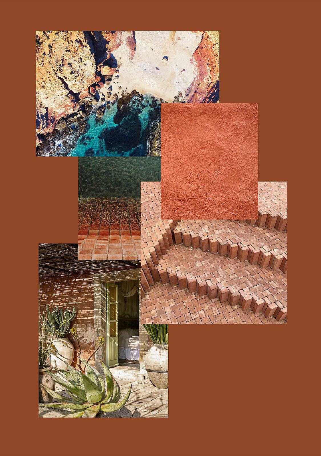 Stembord voor het A Lotta Terracotta-bioom, dat kustbeelden, terracotta texturen, bakstenen oppervlakken en een zonovergoten binnenplaats combineert met grote vetplanten.