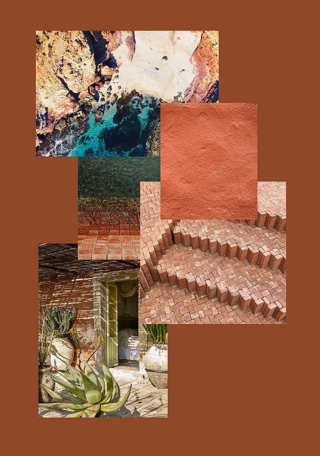 Stembord voor het A Lotta Terracotta-bioom, dat kustbeelden, terracotta texturen, bakstenen oppervlakken en een zonovergoten binnenplaats combineert met grote vetplanten.