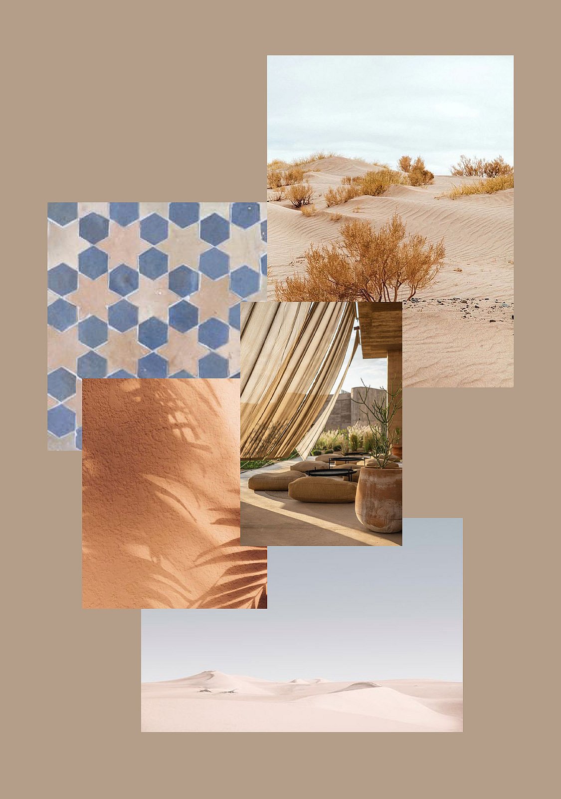 Stembord voor het Majestic Mirage-bioom, dat woestijnduinen, geometrische tegels, terracotta wandtexturen en een schaduwrijke loungesetting combineert.