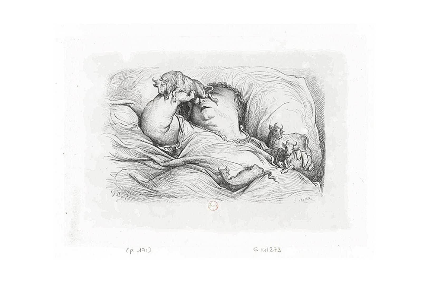 Sleeping child is lying under a blanket in bed, in a quiet, homely scene that refers to the story of Gargantua and his son Pantagruel.
