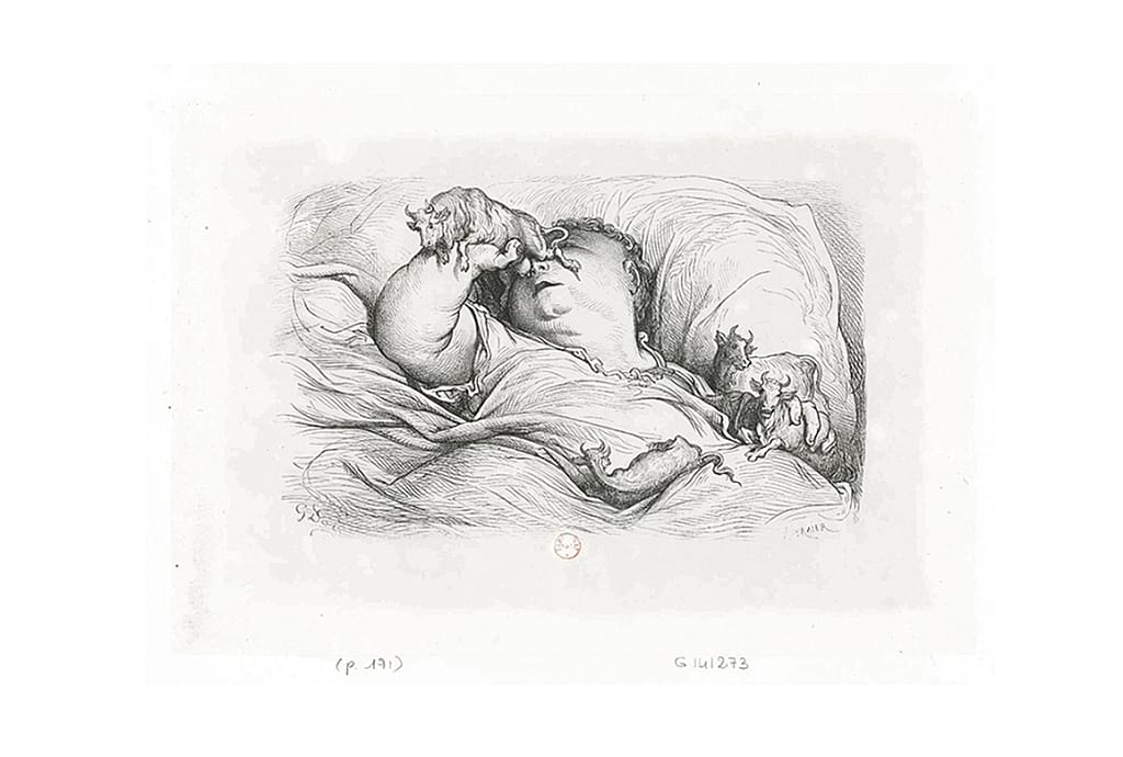 Sleeping child is lying under a blanket in bed, in a quiet, homely scene that refers to the story of Gargantua and his son Pantagruel.