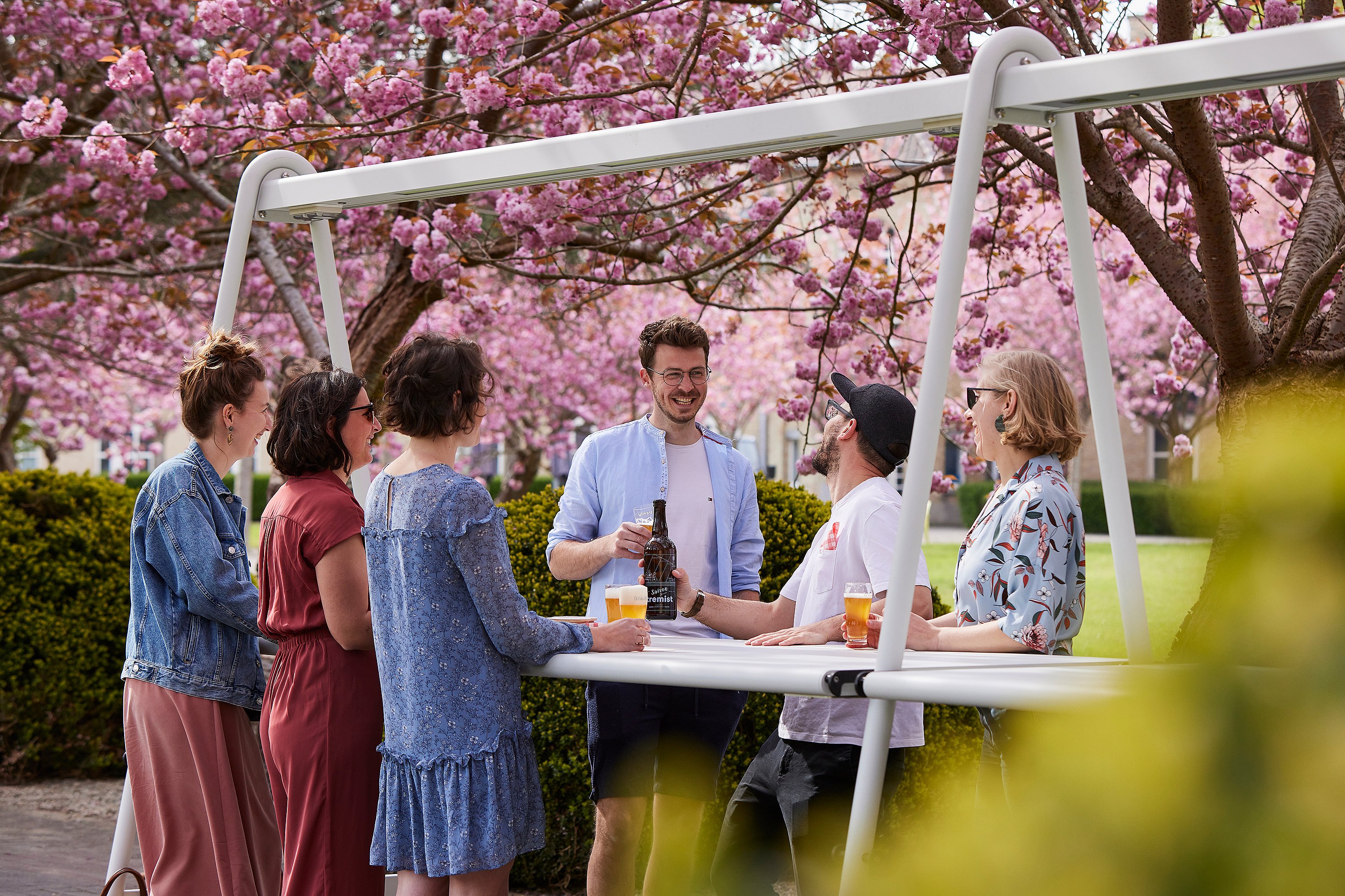 Eine Gruppe von fünf Erwachsenen sitzt unter blühenden rosa Kirschbäumen an einem weißen Stehtisch, hält Bier in der Hand und unterhält sich im Freien.