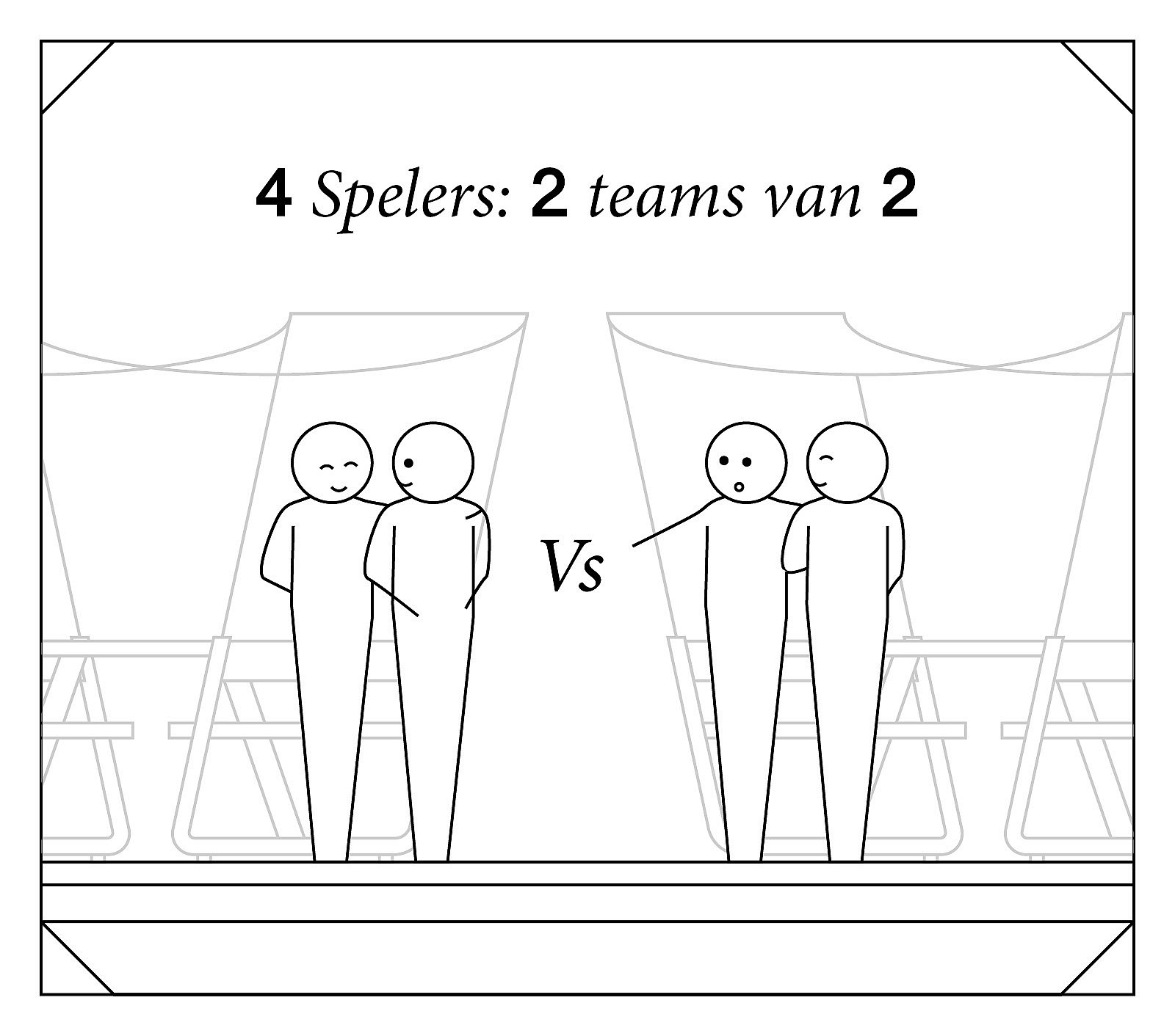 Diagram met vier spelers gerangschikt als twee teams van twee, tegenover elkaar aan een picknicktafel, met ‘Vs ’ tussen de paren.