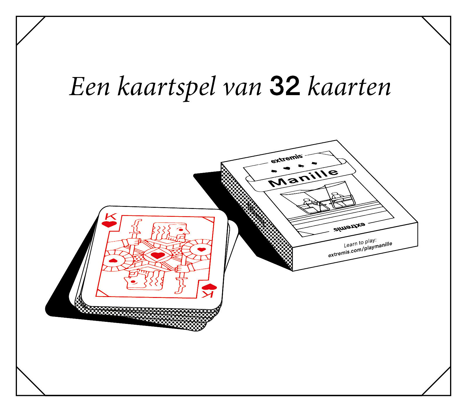 Illustratie van een klein pak speelkaarten naast een merk Manille-kaartdoos, met de titel ‘Een kaartspel van 32 kaarten.