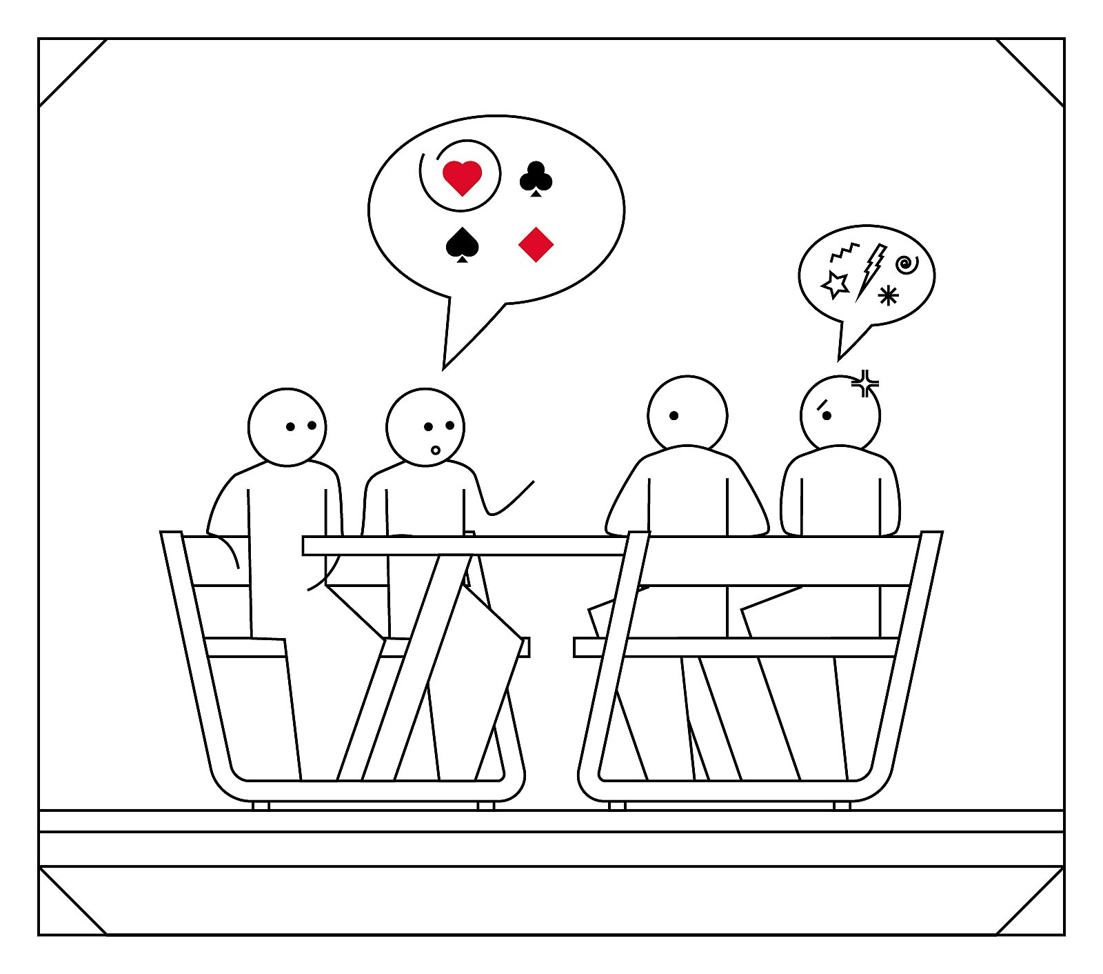 Simple line drawing of four people sitting around a table, with one voice bell with card suits and another with angry symbols to indicate that players are not allowed to discuss their cards.