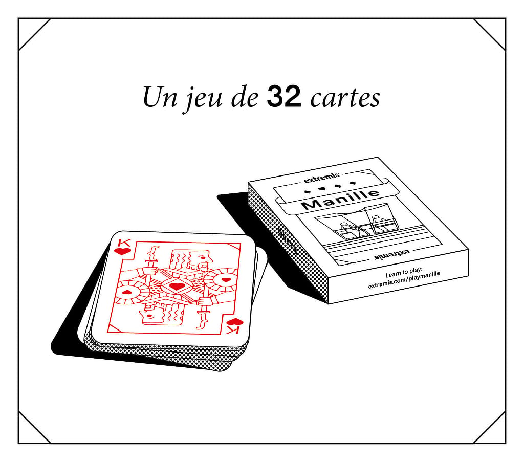 Illustration d’un petit paquet de cartes à jouer à côté d’une boîte de cartes de marque Manille, avec le titre « Un paquet de 32 cartes ».
