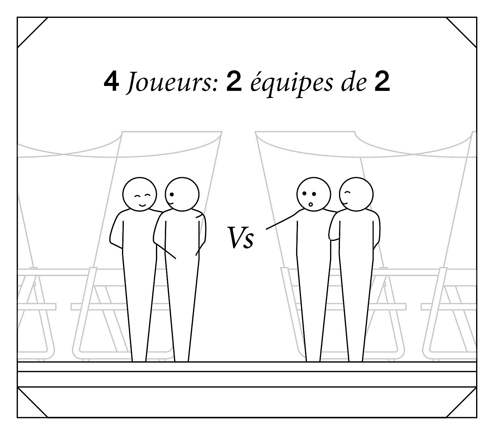 Schéma montrant quatre joueurs disposés en deux équipes de deux, se faisant face à une table de pique-nique, avec des V entre les paires.