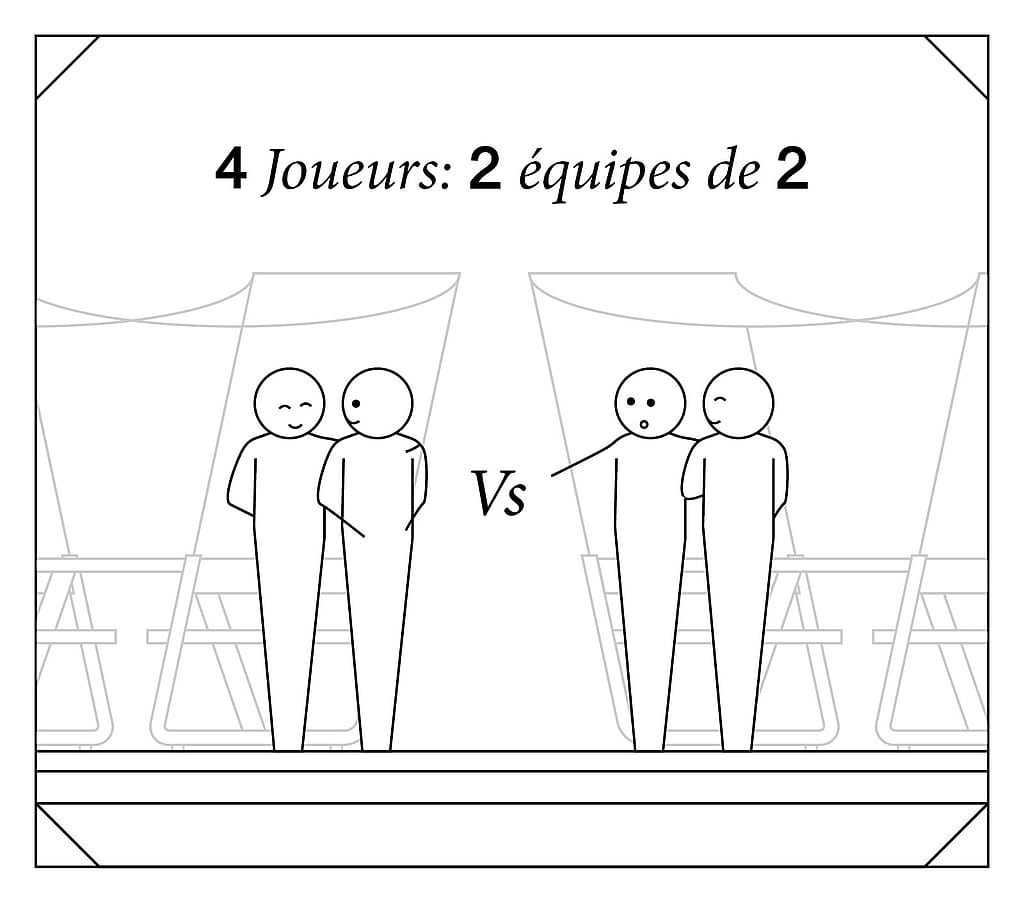 Schéma montrant quatre joueurs disposés en deux équipes de deux, se faisant face à une table de pique-nique, avec des V entre les paires.