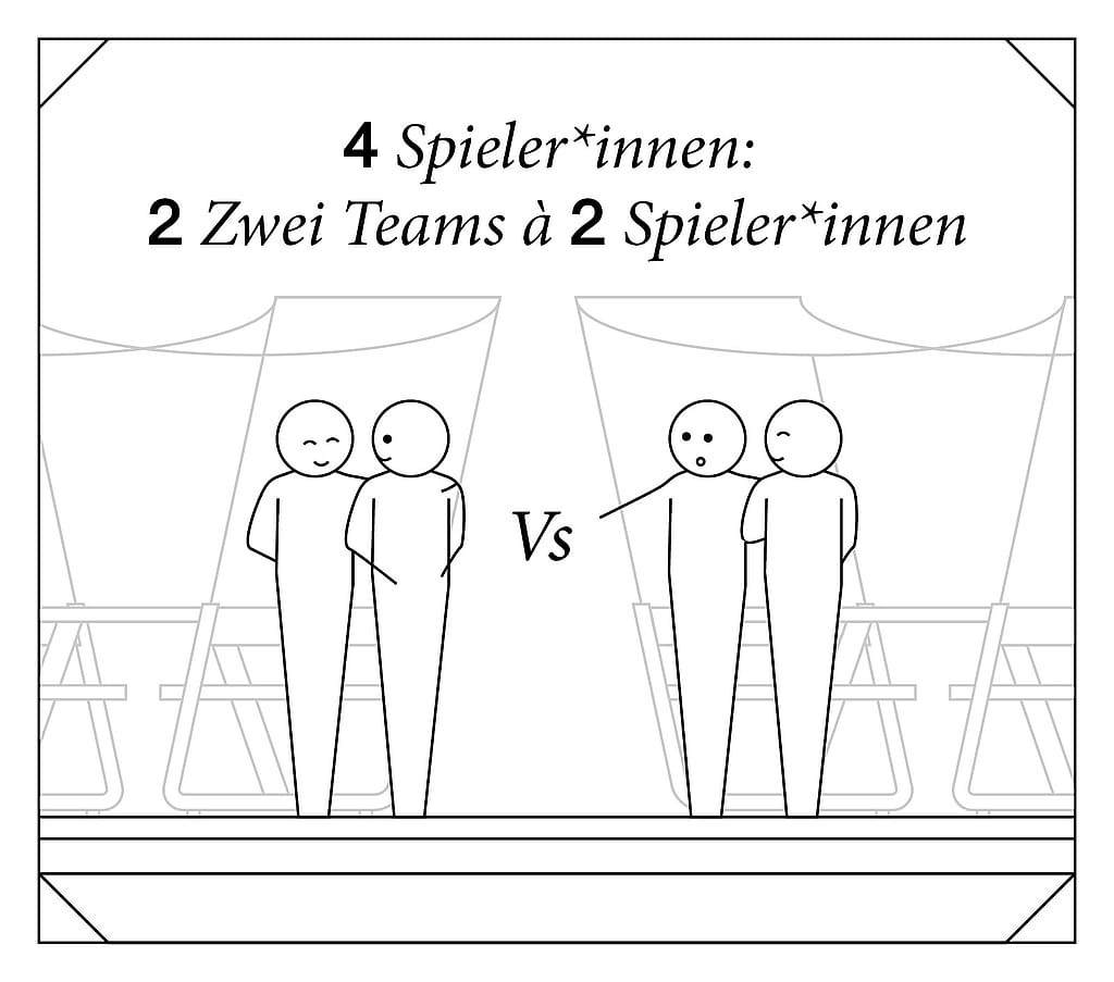 Diagramm, das vier Spieler zeigt, die als zwei Zweierteams angeordnet sind und einander über einen Picknicktisch gegenüberstehen, mit ‘Vs’ zwischen den Paaren.