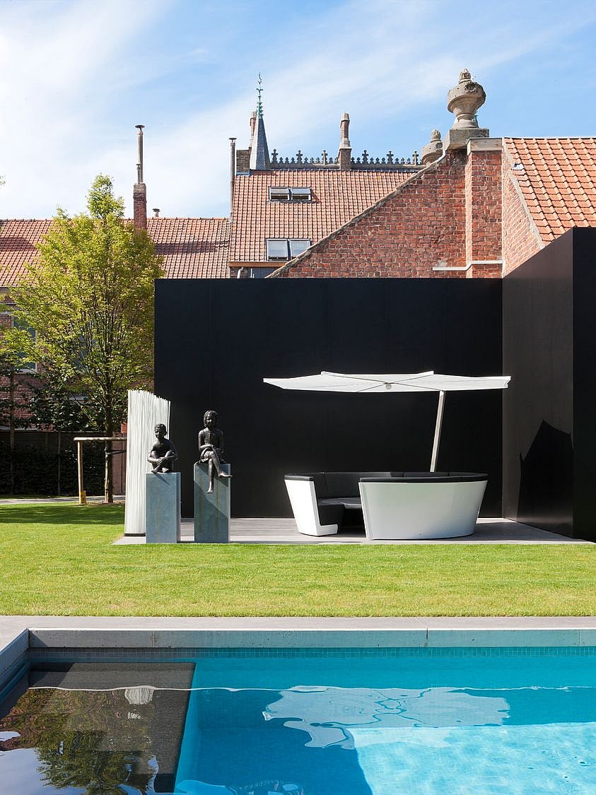 Le kosmos dans un jardin de luxe avec un mur noir et des maisons en briques rouges à l’arrière-plan.